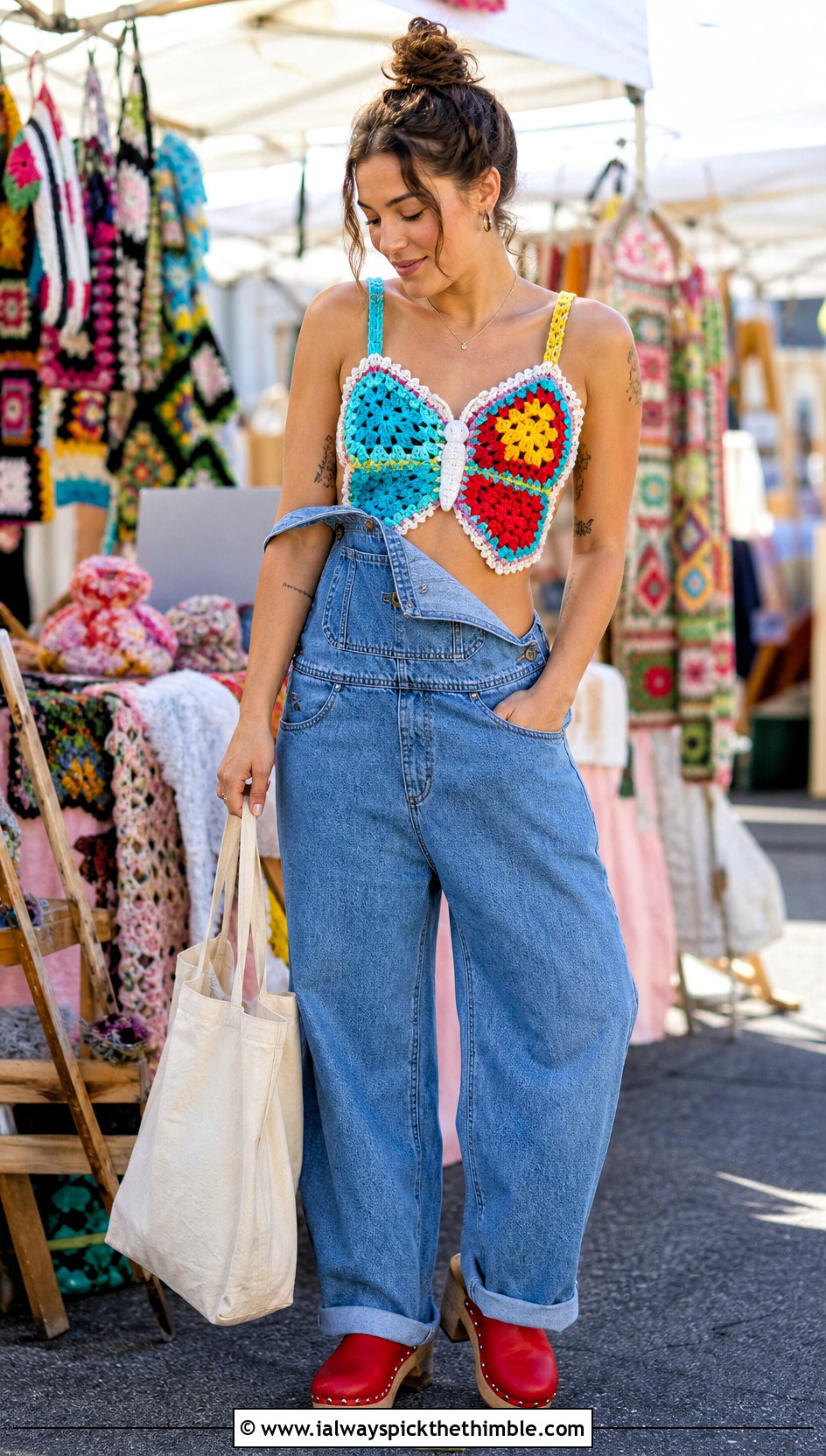 Granny Square Butterfly Crop Top With Overalls - 20 crochet butterfly crop top outfit ideas