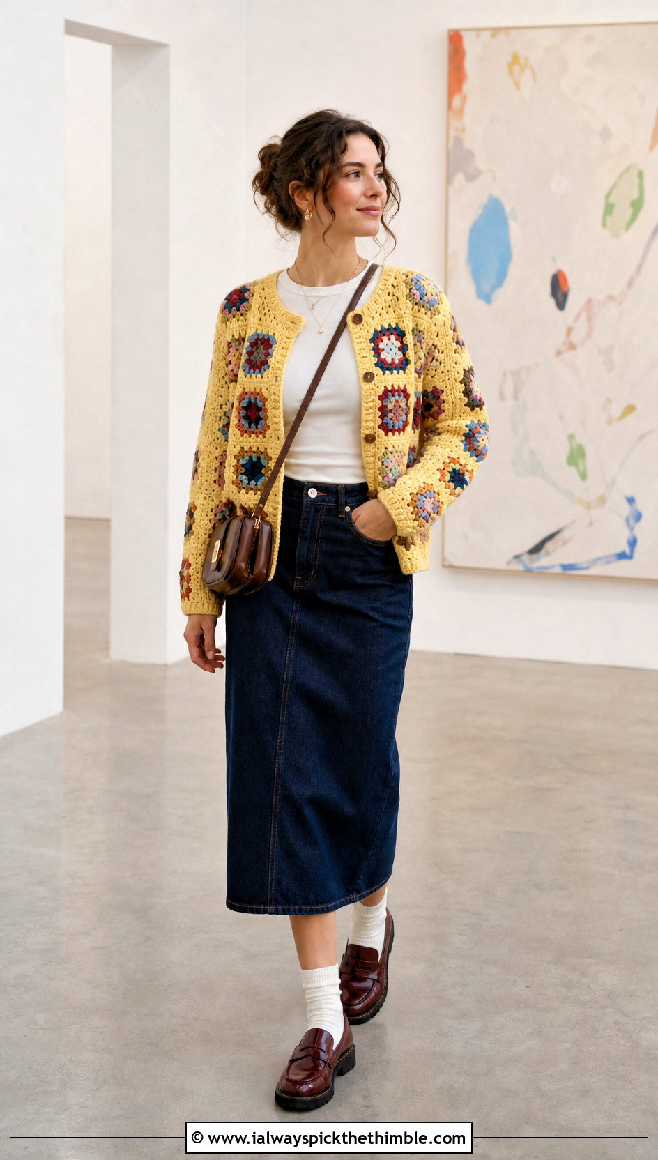 Granny Square Button Crochet Cardigan With Denim Midi Skirt - 15 crochet cardigan with button closure outfit ideas