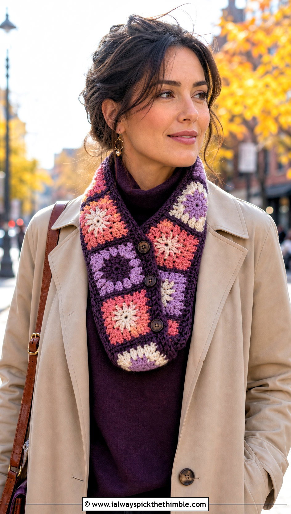 Granny Square Button Crochet Cowl With Trench Coat - 15 Crochet Cowl With Buttons outfit ideas