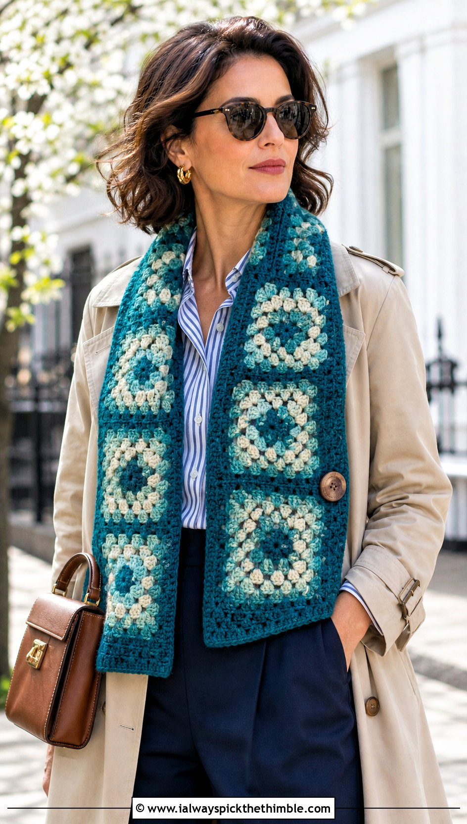 Granny Square Button Through Crochet Scarf With Trench Coat - 15 Crochet Button Hole Scarf outfit ideas