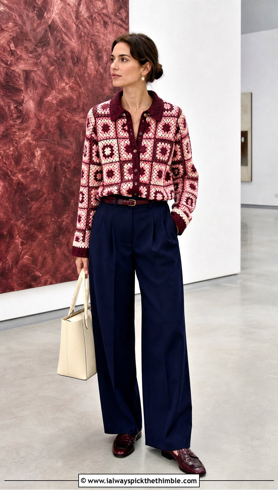 Granny Square Button Up Shirt With Tailored Trousers - 20 crochet unisex shirt outfit ideas