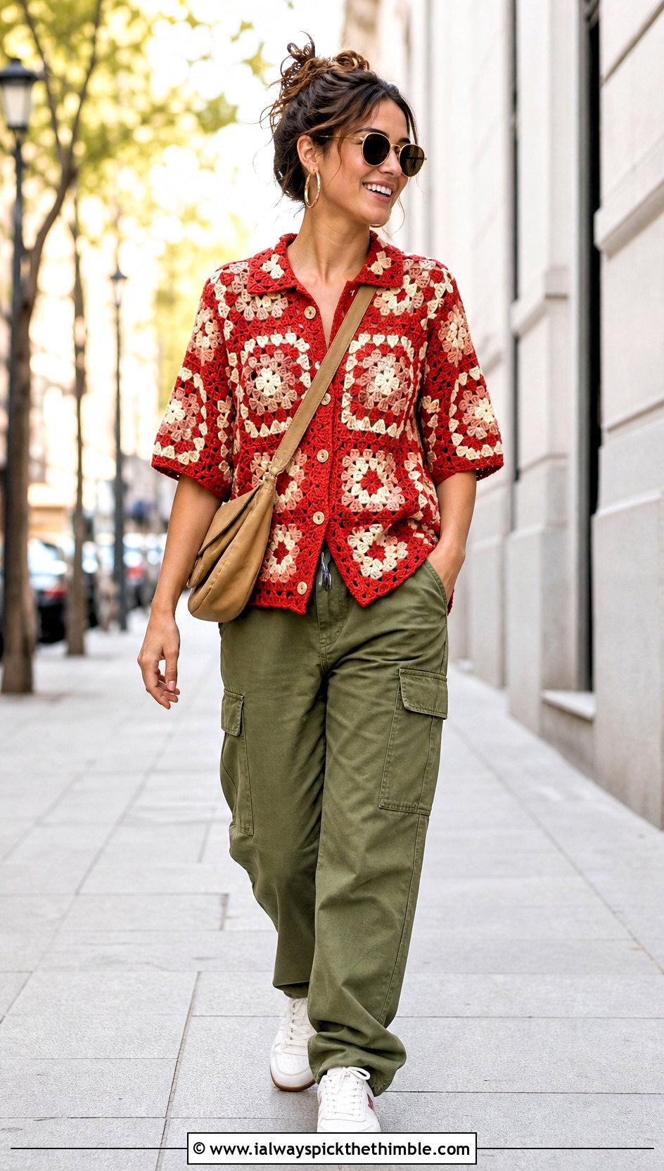 Granny Square Calad Shirt With Cargo Pants - 20 crochet calad shirt outfit ideas