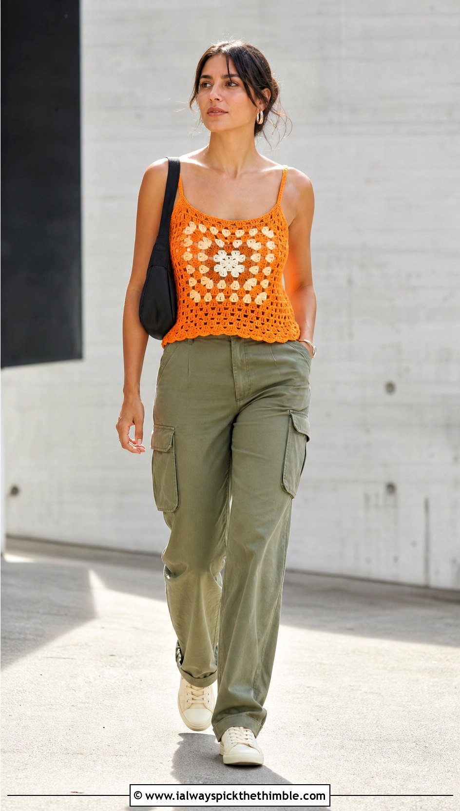 Granny Square Camisole Top With Cargo Pants - 20 crochet granny square summer top outfit ideas