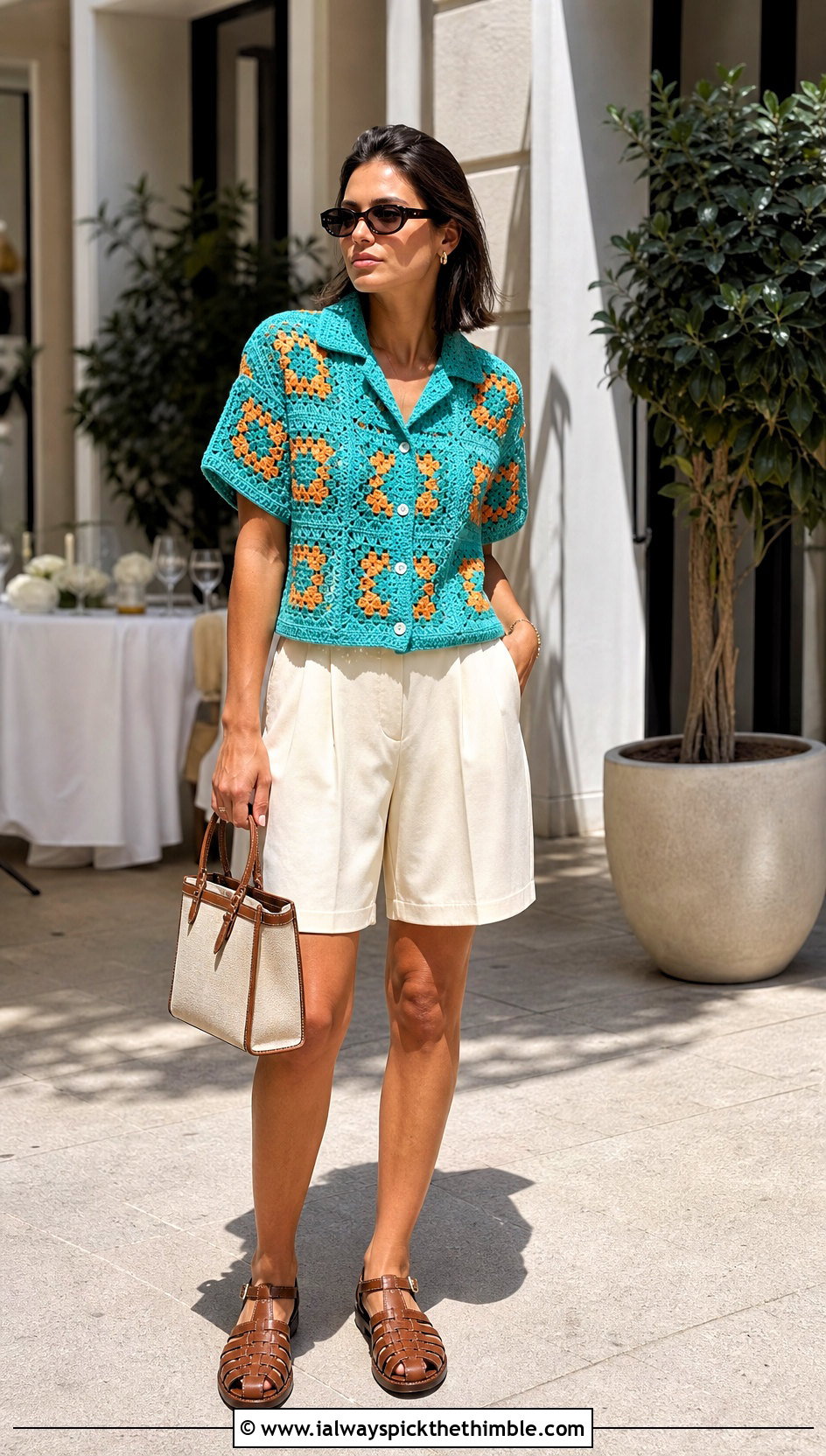 Granny Square Camp Collar Shirt With Tailored Shorts - 25 granny square shirt outfit ideas