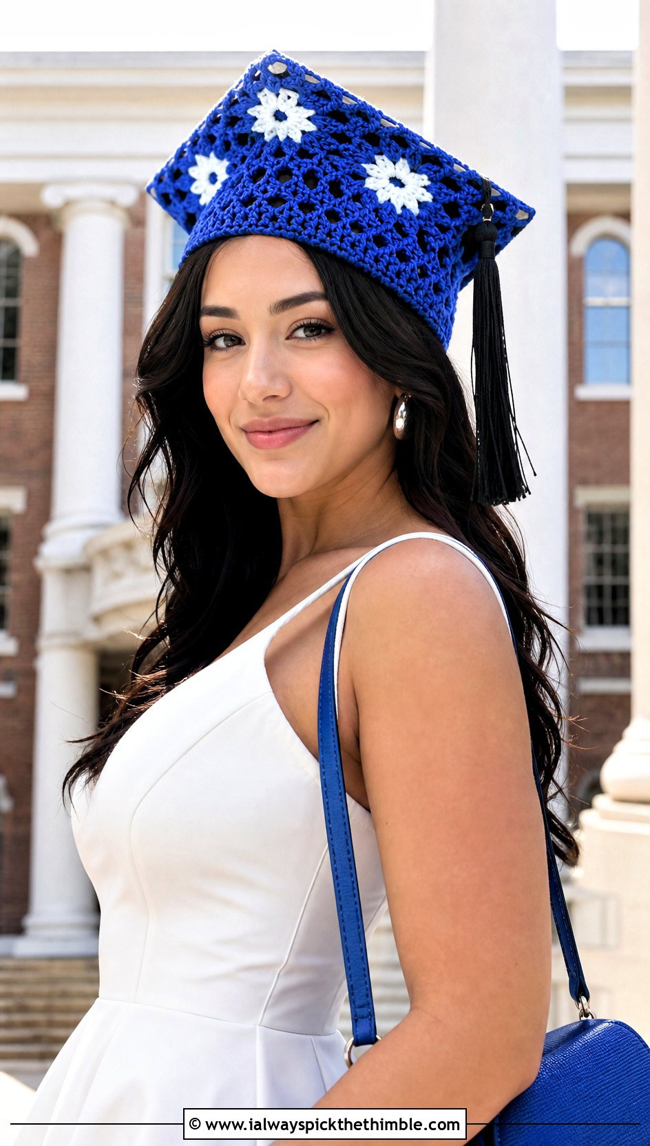 Granny Square Cap Cover With White Graduation Dress - 20 crochet graduation cap cover outfit ideas