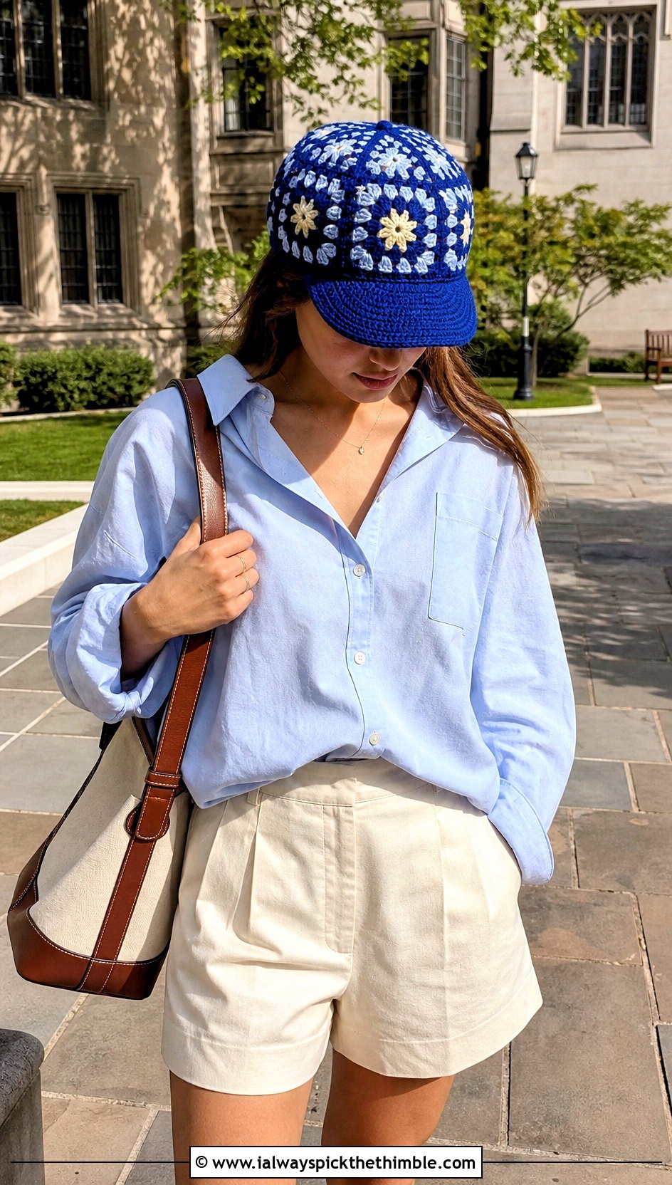 Granny Square Cap With Oxford Shirt And Tailored Shorts - 20 crochet granny stitch hat outfit ideas
