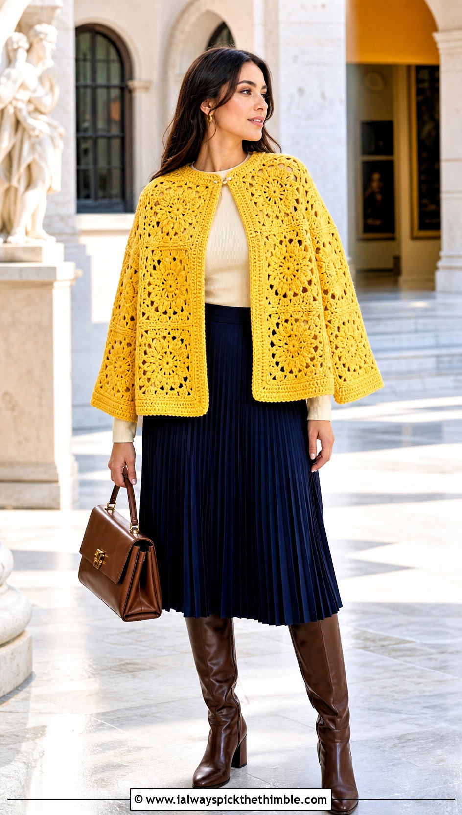 Granny Square Cape Wrap With Pleated Midi Skirt - 20 granny square wrap outfit ideas