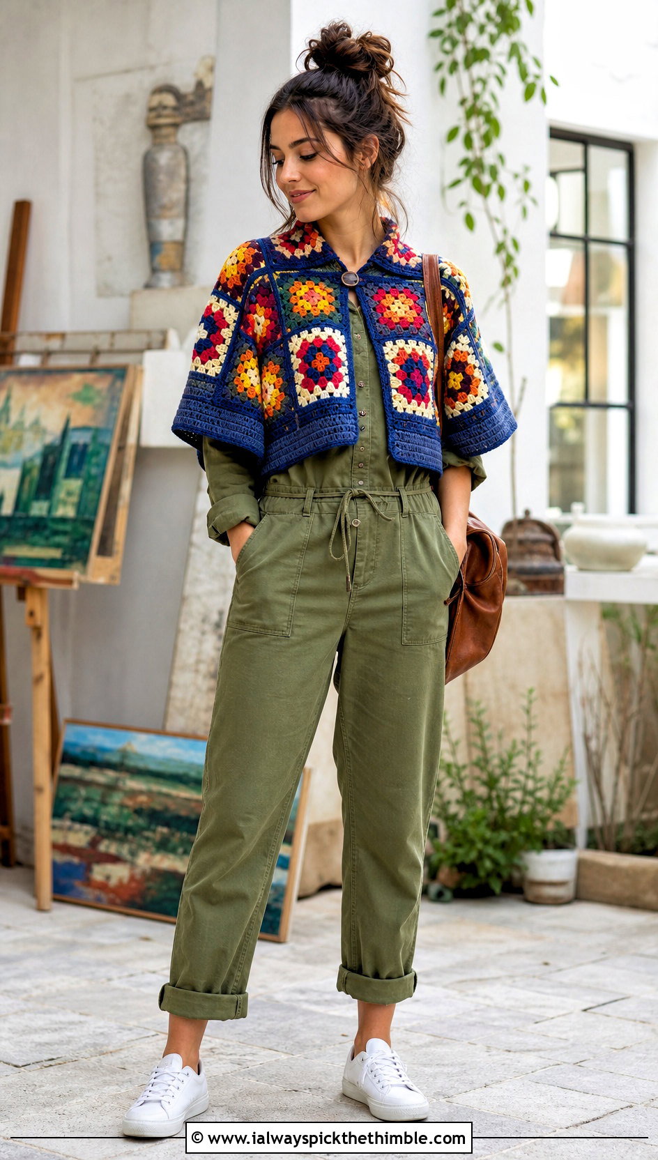 Granny Square Capelet With Utility Jumpsuit - 15 Outlander Crochet Capelet outfit ideas