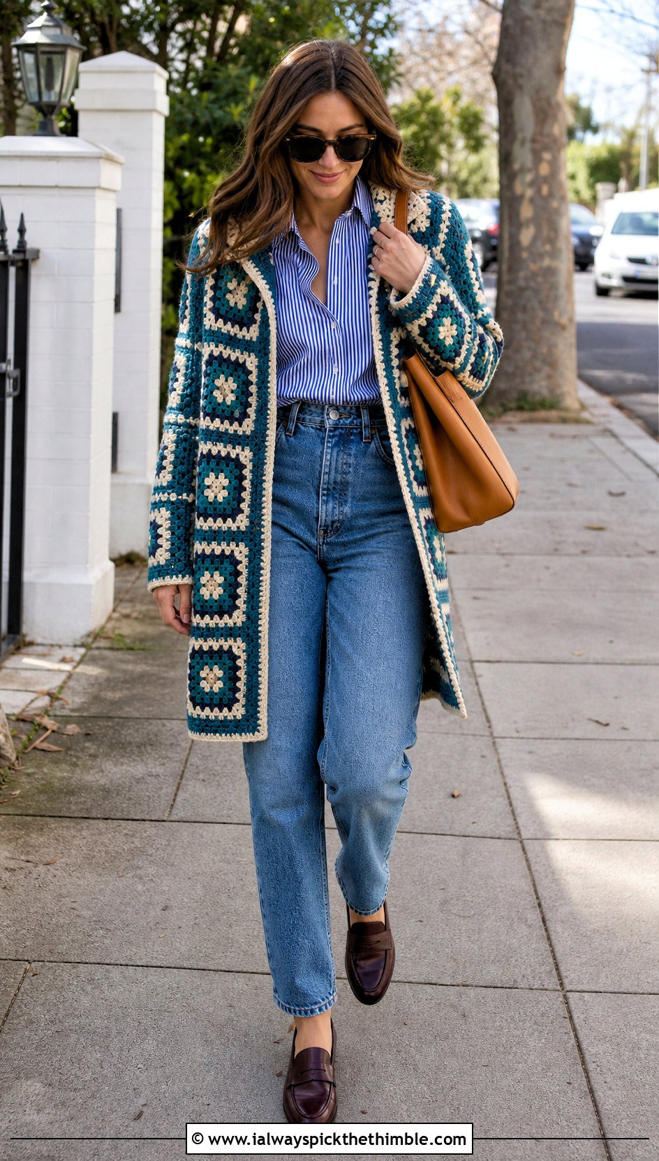 Granny Square Car Coat With Mom Jeans And Loafers - 20 crochet granny square coat outfit ideas