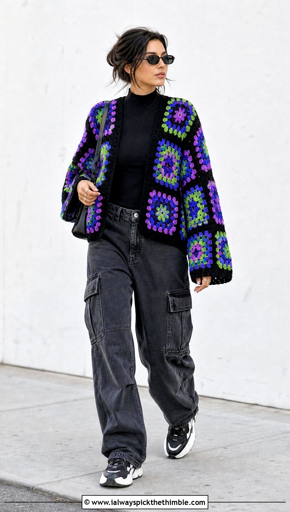 Granny Square Cardigan With Cargo Pants - 20 winter crochet outfit ideas
