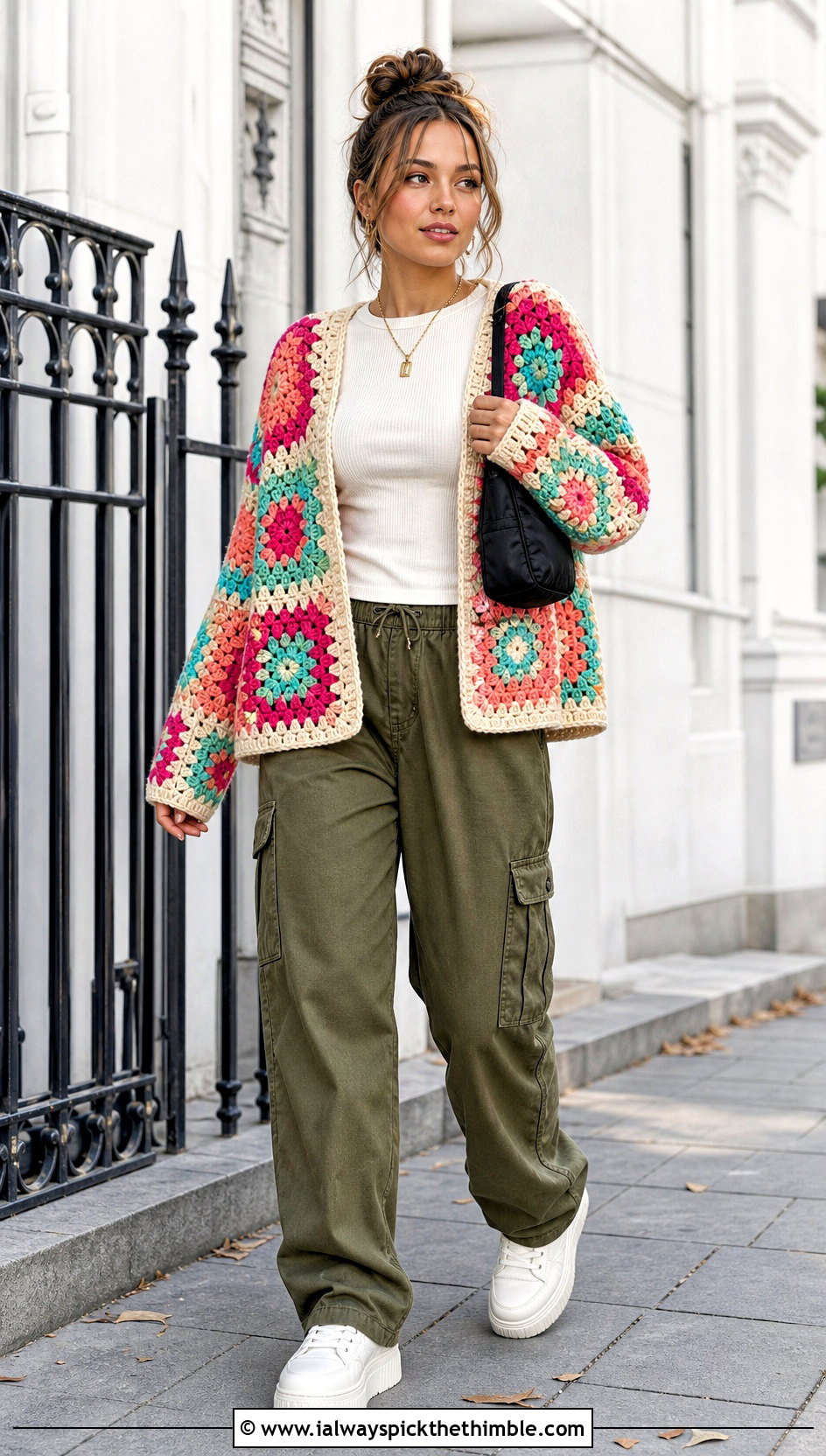 Granny Square Cardigan With Cargo Pants - 20 crochet fall outfits ideas