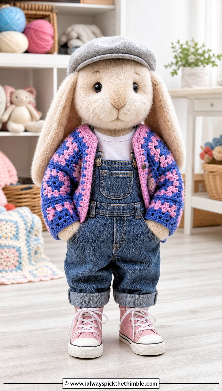 Granny Square Cardigan With Denim Overalls - 25 crochet clothes for stuffed animals outfit ideas