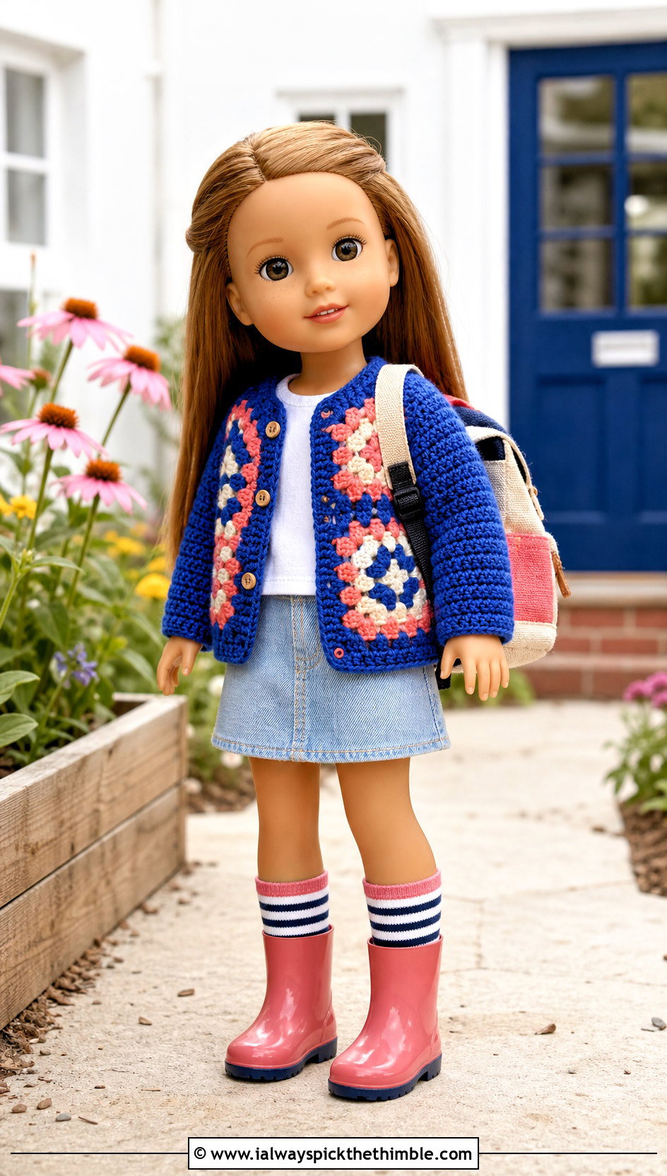 Granny Square Cardigan With Denim Skirt - 15 Crochet Wellie Wishers Doll Clothes and outfit ideas