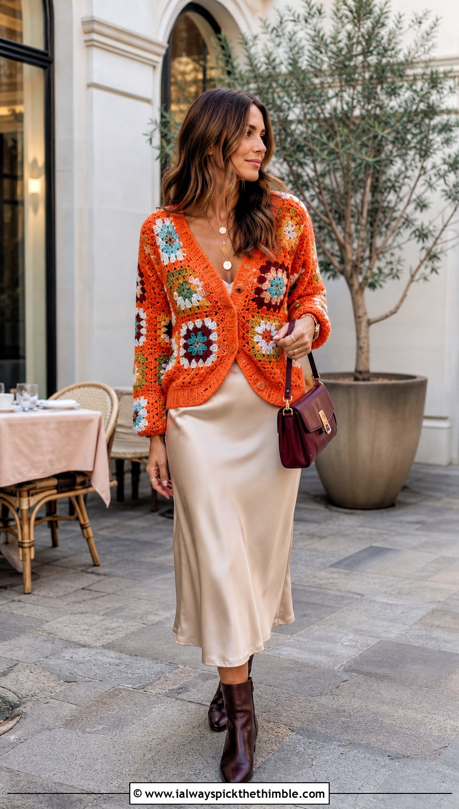 Granny Square Cardigan With Satin Midi Skirt - 20 Crochet Projects Aesthetic Clothes and outfit ideas