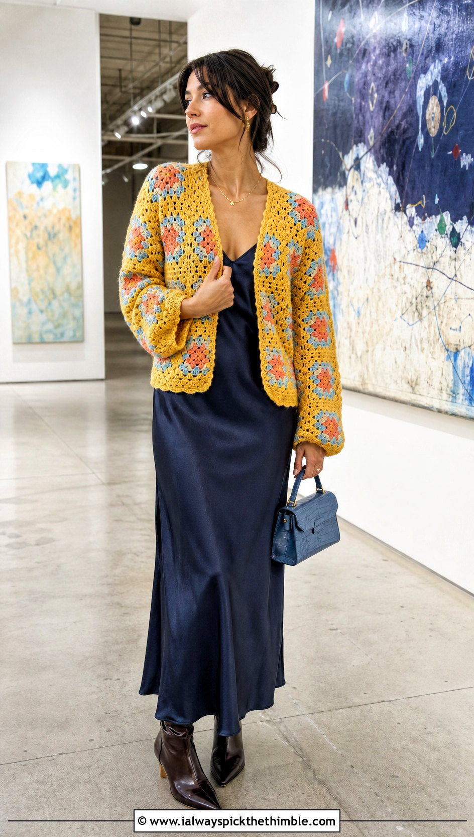 Granny Square Cardigan With Satin Slip Dress - 25 crochet clothing and outfit ideas