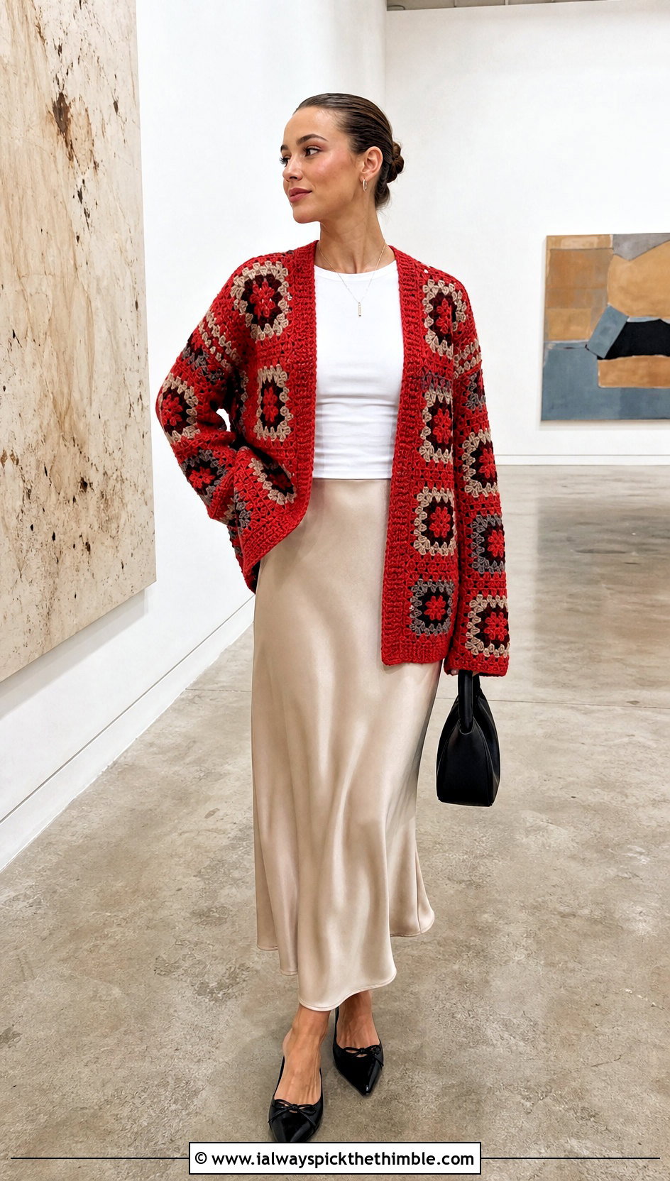 Granny Square Cardigan With Satin Slip Skirt - 25 crochet designs clothing and outfit ideas