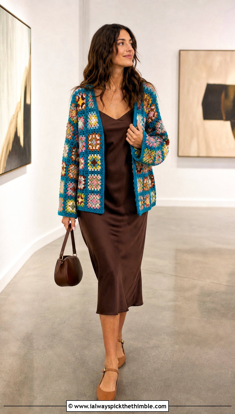 Granny Square Cardigan With Slip Dress - 20 full crochet outfit ideas