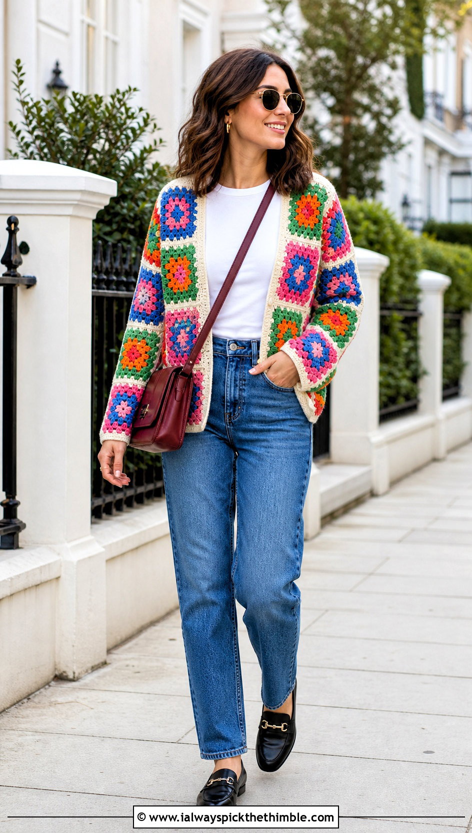 Granny Square Cardigan With Straight Leg Jeans - 20 outfits to crochet outfit ideas
