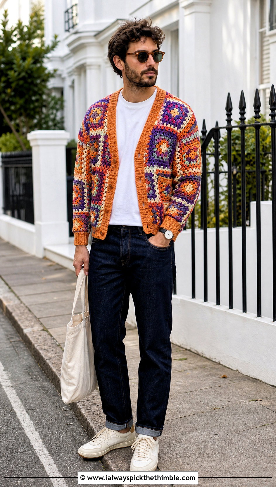 Granny Square Cardigan With Straight Leg Jeans - 25 crochet clothes for men outfit ideas