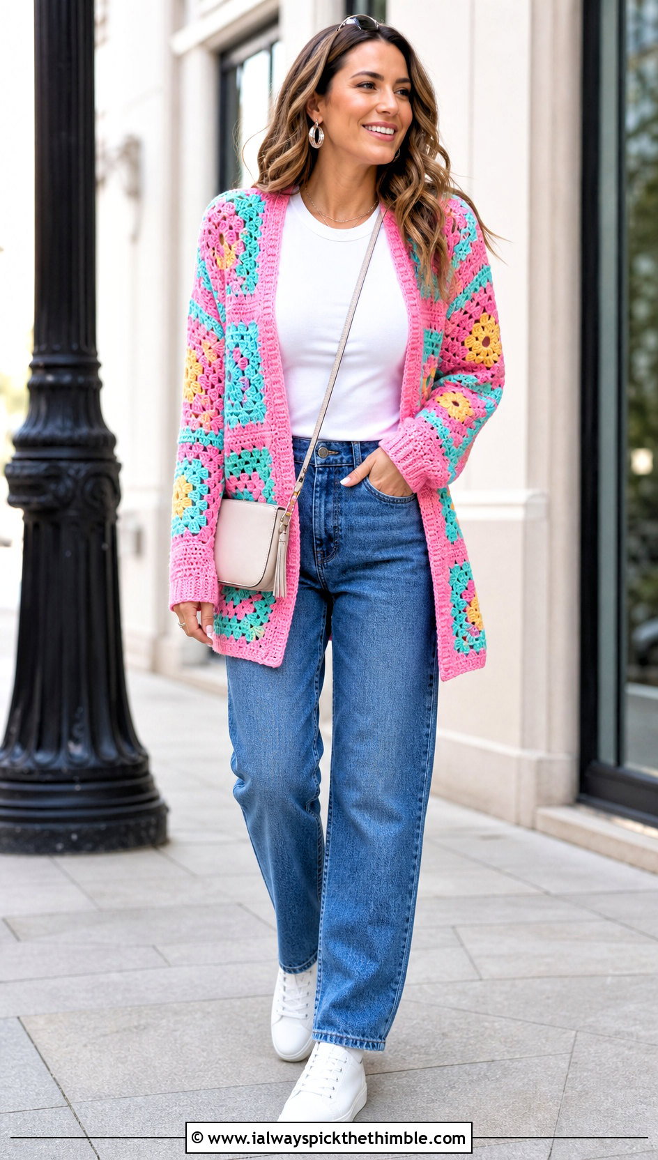 Granny Square Cardigan With Straight Leg Jeans - 15 Aesthetic Cute Crochet Clothes and outfit ideas