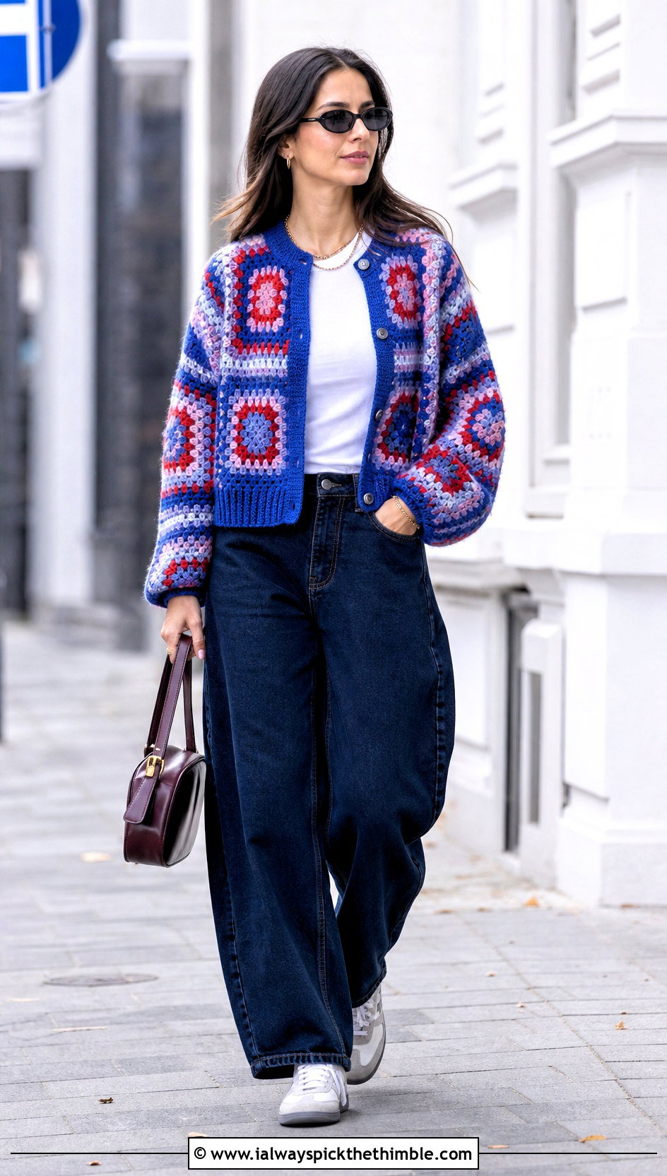 Granny Square Cardigan With T Shirt And Barrel Jeans - 20 easy clothes to crochet outfit ideas