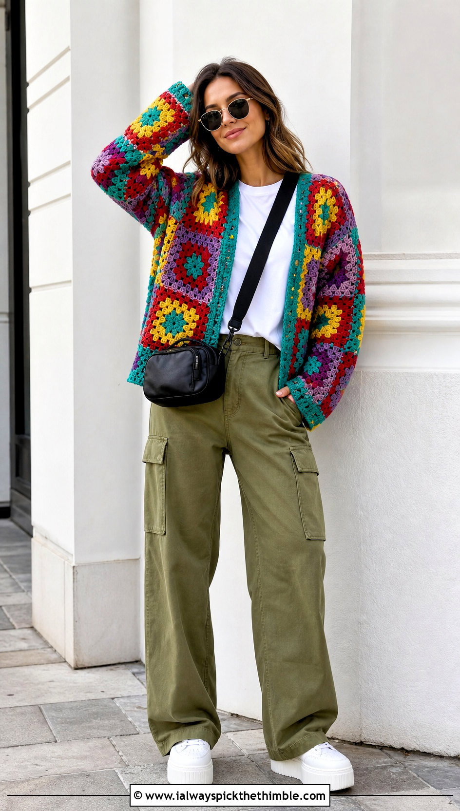 Granny Square Cardigan With T Shirt And Cargo Pants - 20 Easy Clothes To Crochet For Beginners outfit ideas