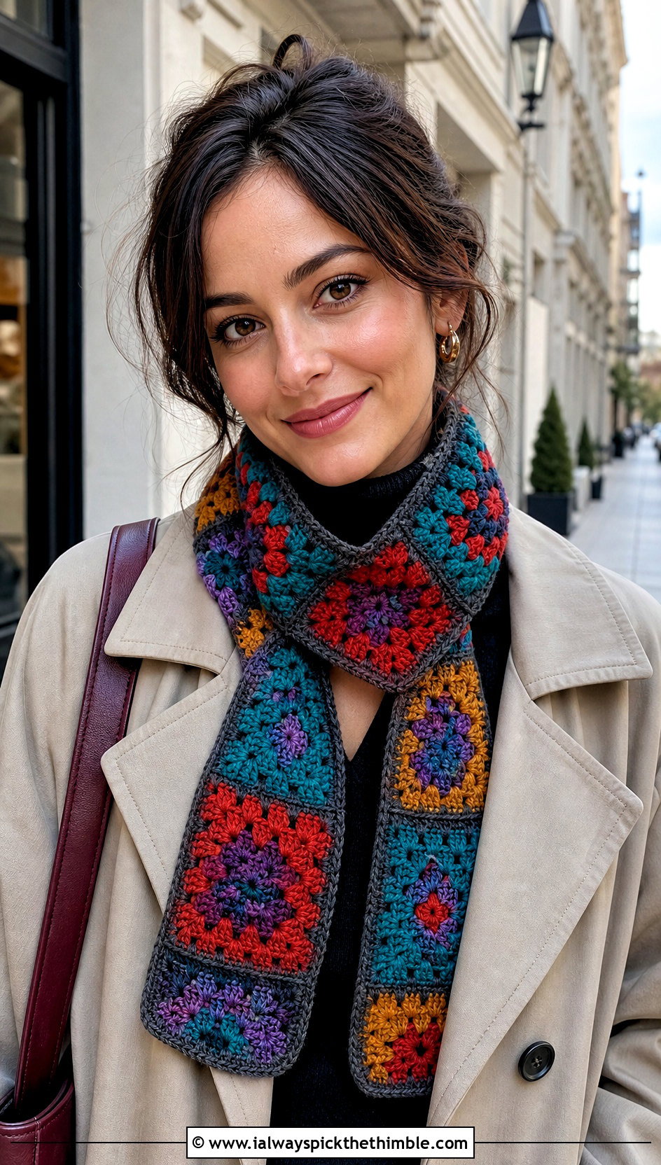 Granny Square Cari Keyhole Crochet Scarf With Trench Coat - 15 Cari Keyhole Crochet Scarf outfit ideas