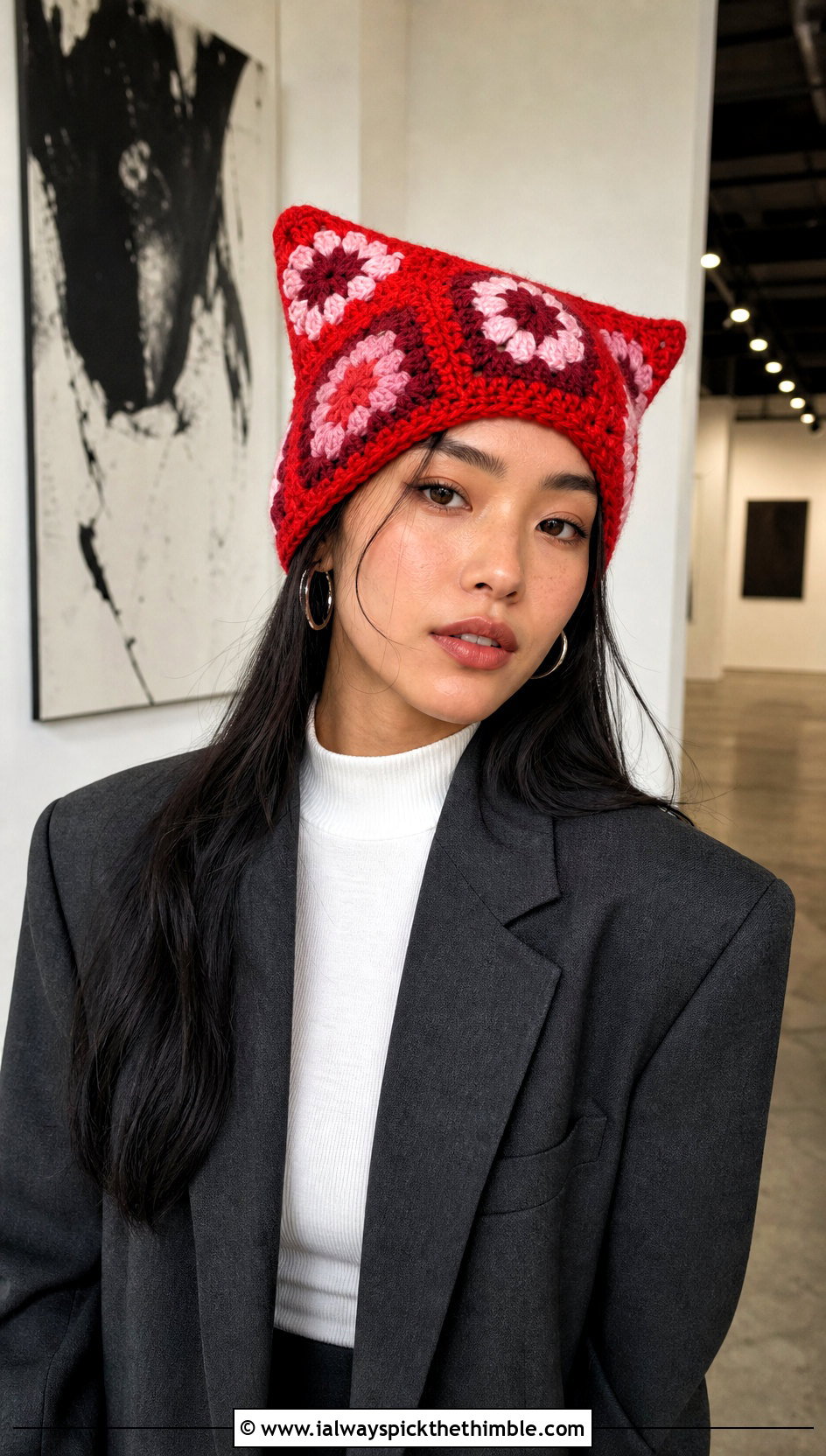 Granny Square Cat Ear Hat With Oversized Blazer - 20 Easy Crochet Granny Square Hats outfit ideas