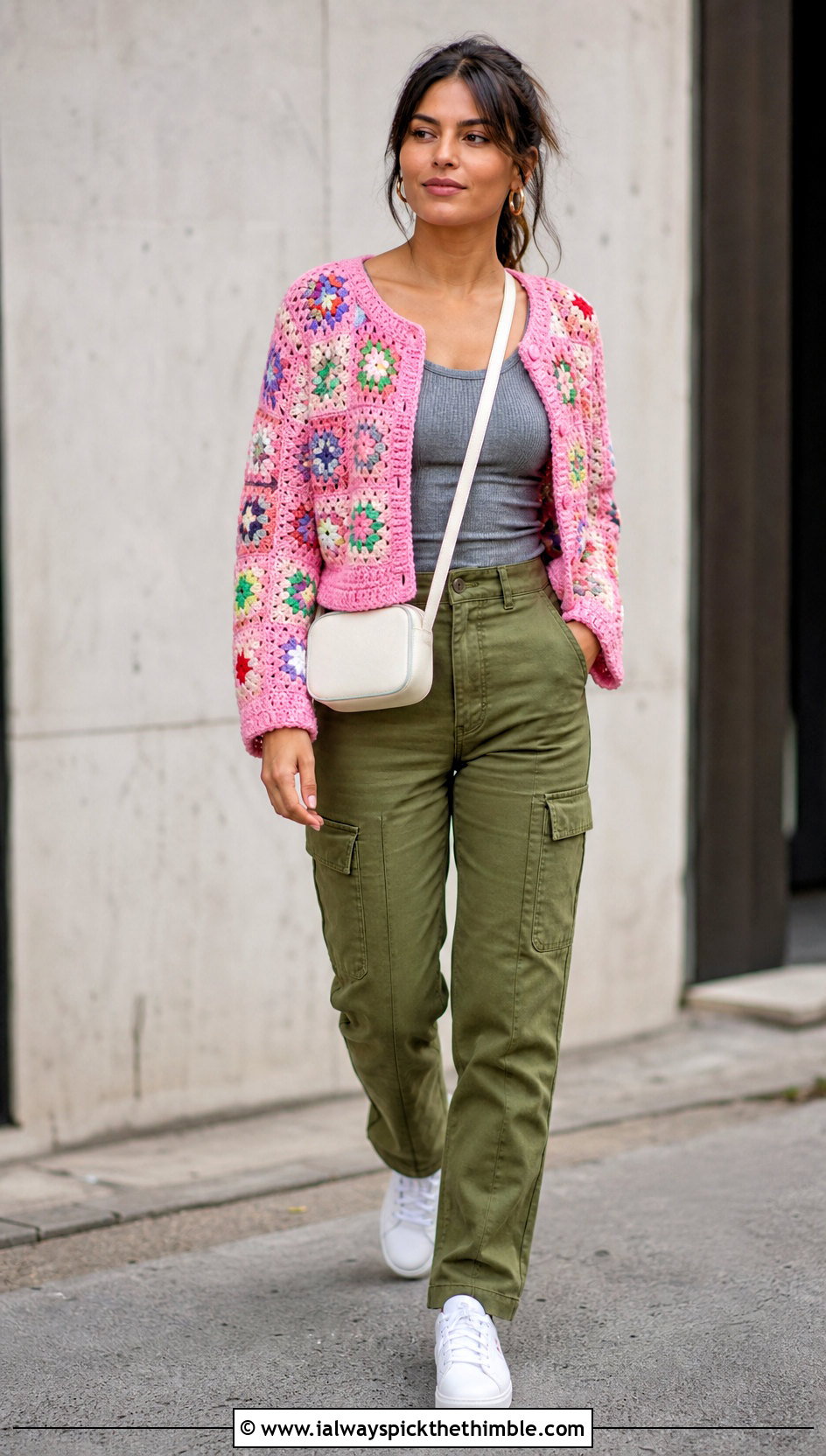 Granny Square Chanel Crochet Cardigan With Cargo Pants - 20 Chanel Crochet Cardigan outfit ideas