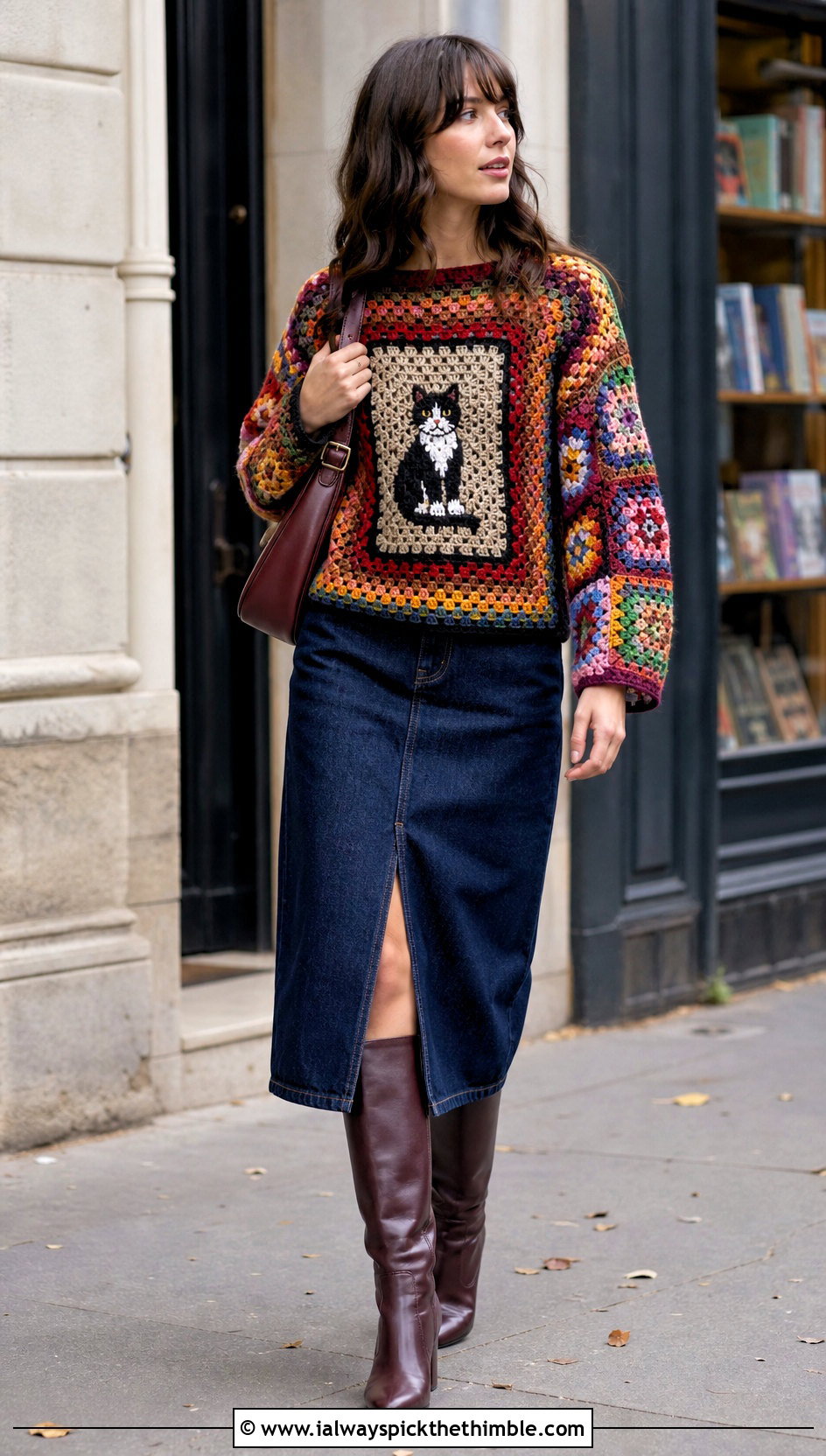 Granny Square Character Sweater With Denim Midi Skirt - 20 Crochet Character Sweater outfit ideas