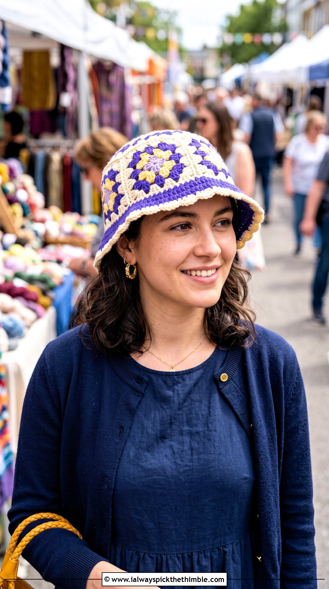 Granny Square Checkerboard Crochet Bucket Hat With Midi Dress - 20 checkerboard crochet bucket hat outfit ideas