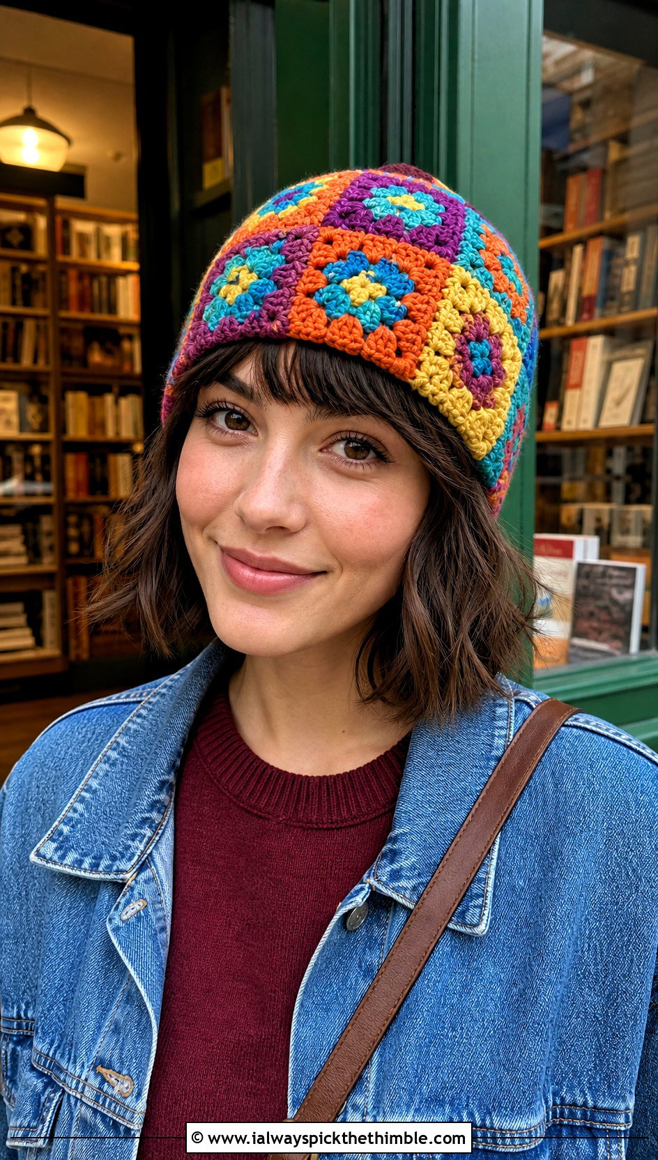 Granny Square Checkered Beanie With Maxi Skirt - 25 crochet checkered beanie outfit ideas