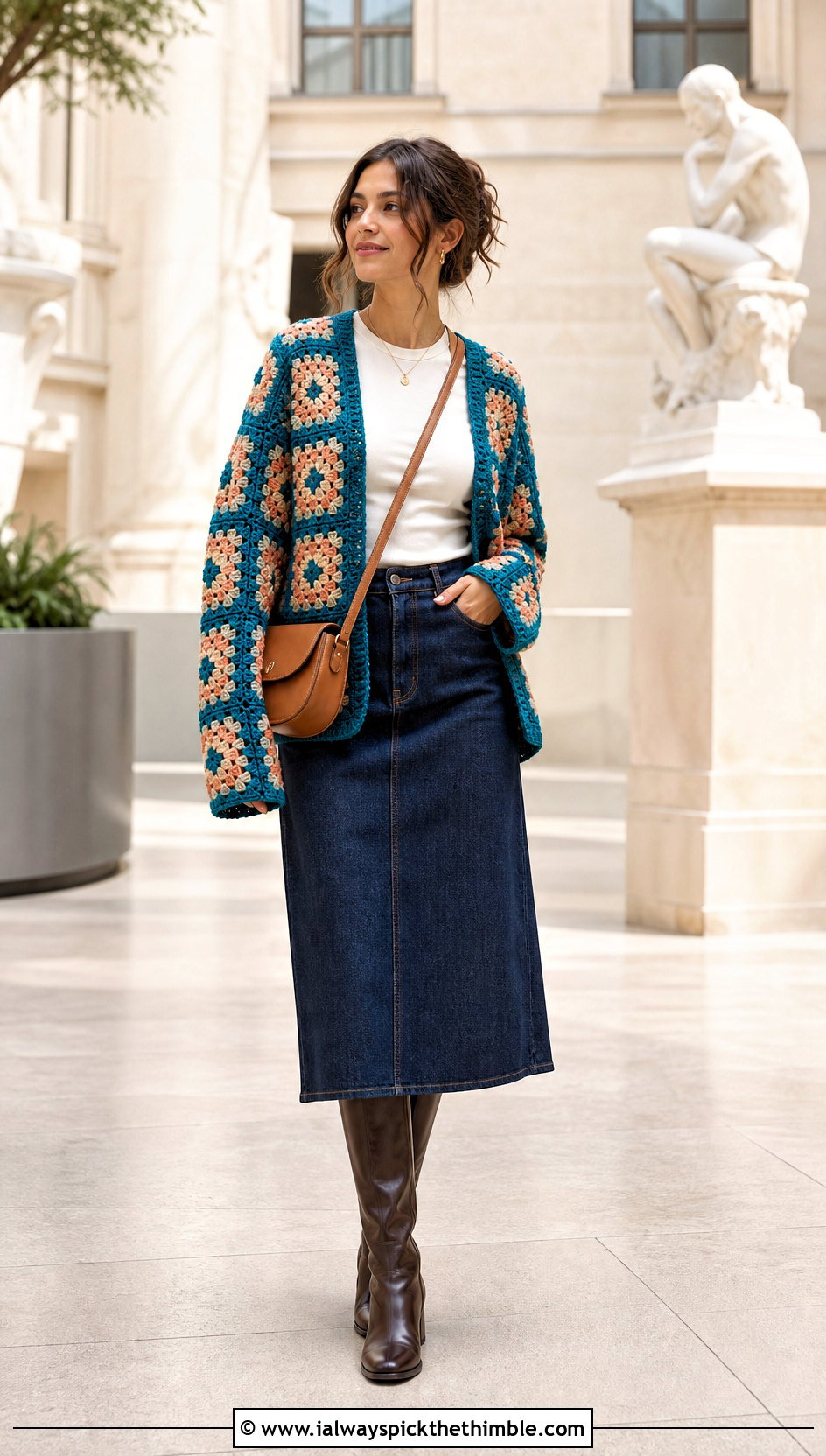 Granny Square Checkered Crochet Cardigan With Denim Midi Skirt - 20 Checkered Crochet Cardigan outfit ideas