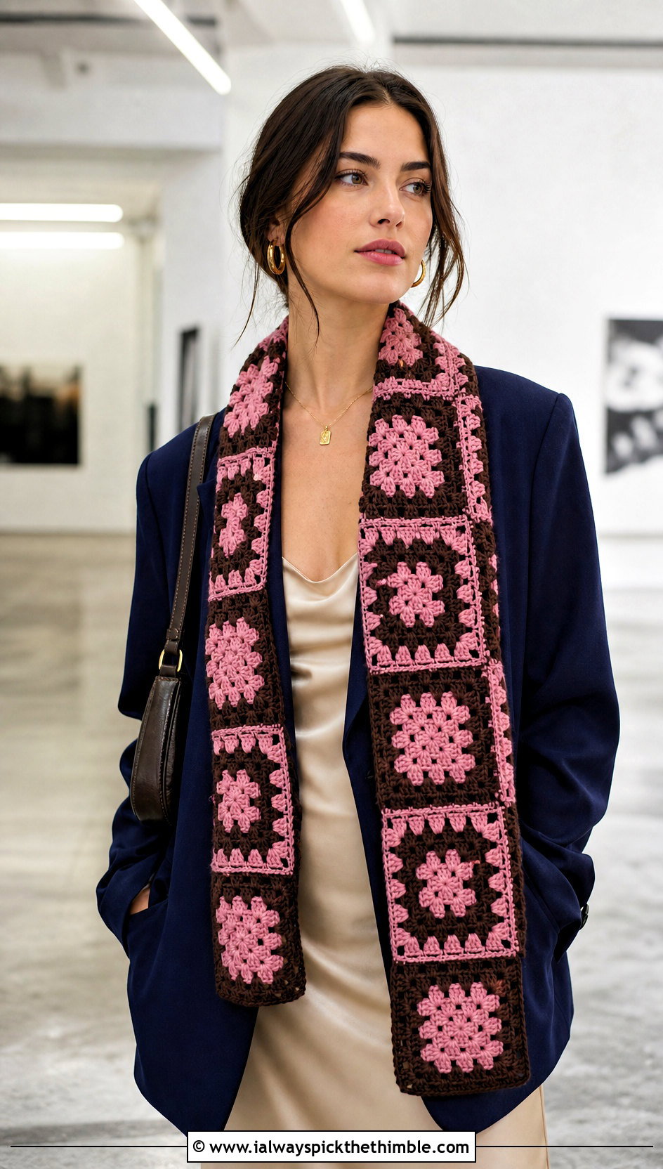 Granny Square Checkered Crochet Scarf With Slip Dress - 20 Checkered Crochet Scarf outfit ideas