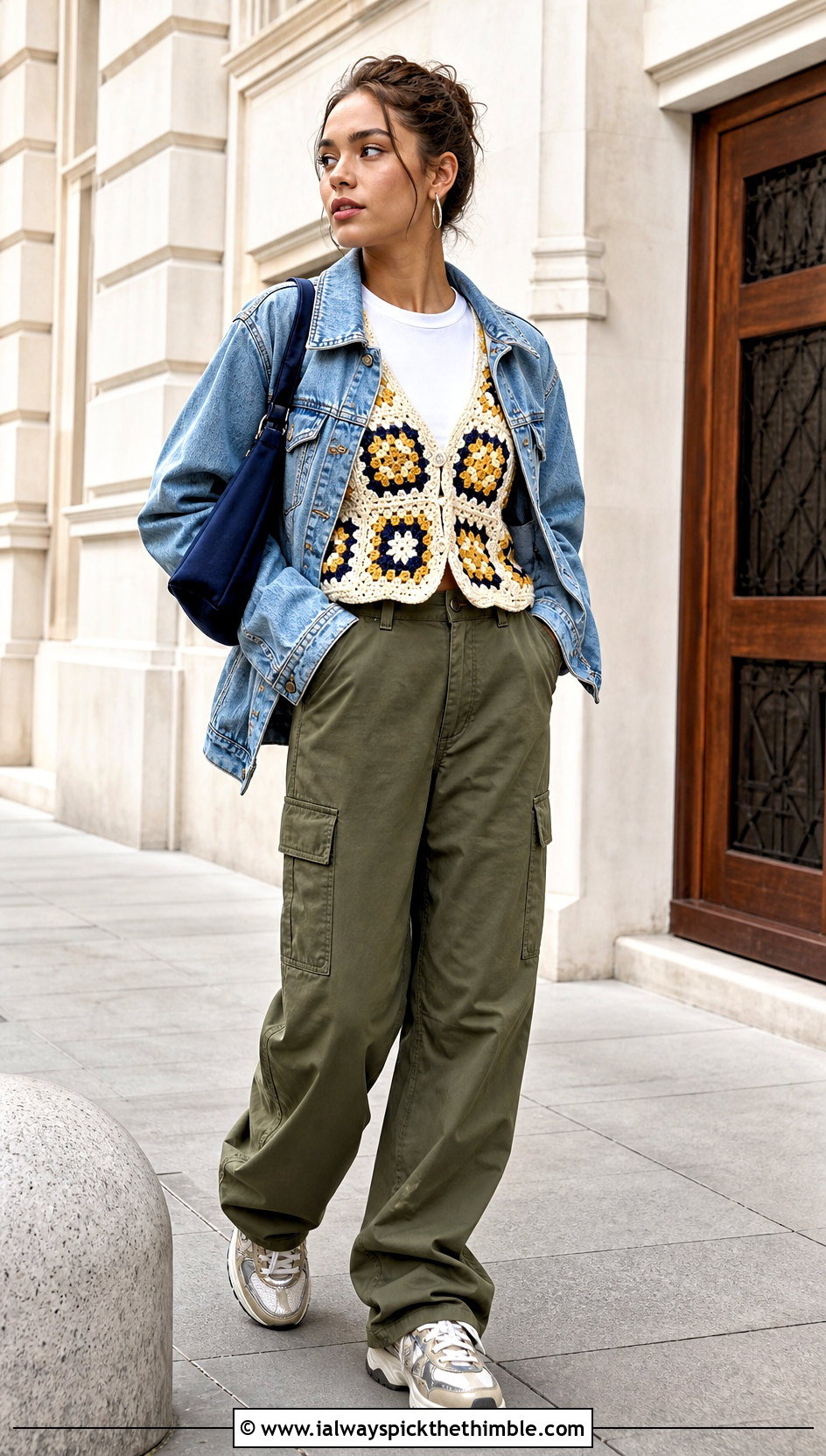 Granny Square Checkered Vest With Denim Jacket And Cargo Pants - 15 Crochet Checkered Vest outfit ideas