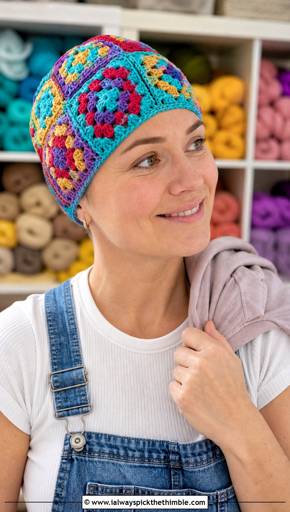 Granny Square Chemo Cap With Overalls - 20 Crochet Summer Chemo Caps outfit ideas