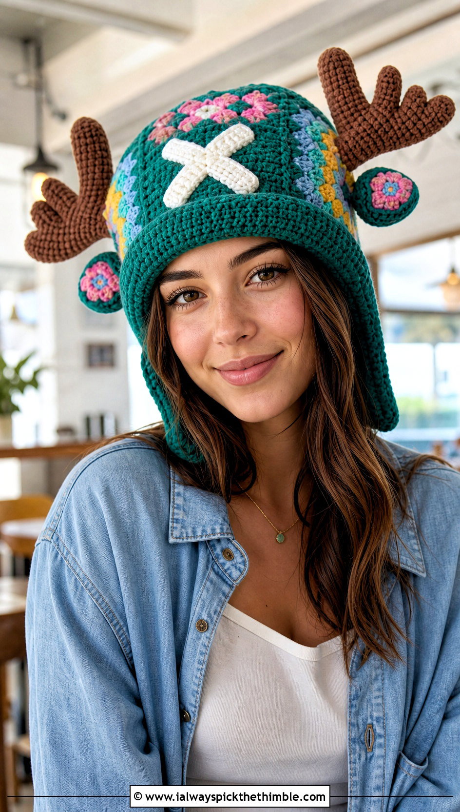 Granny Square Chopper Crochet Hat With Denim Shirt And White Jeans - 20 chopper crochet hat outfit ideas