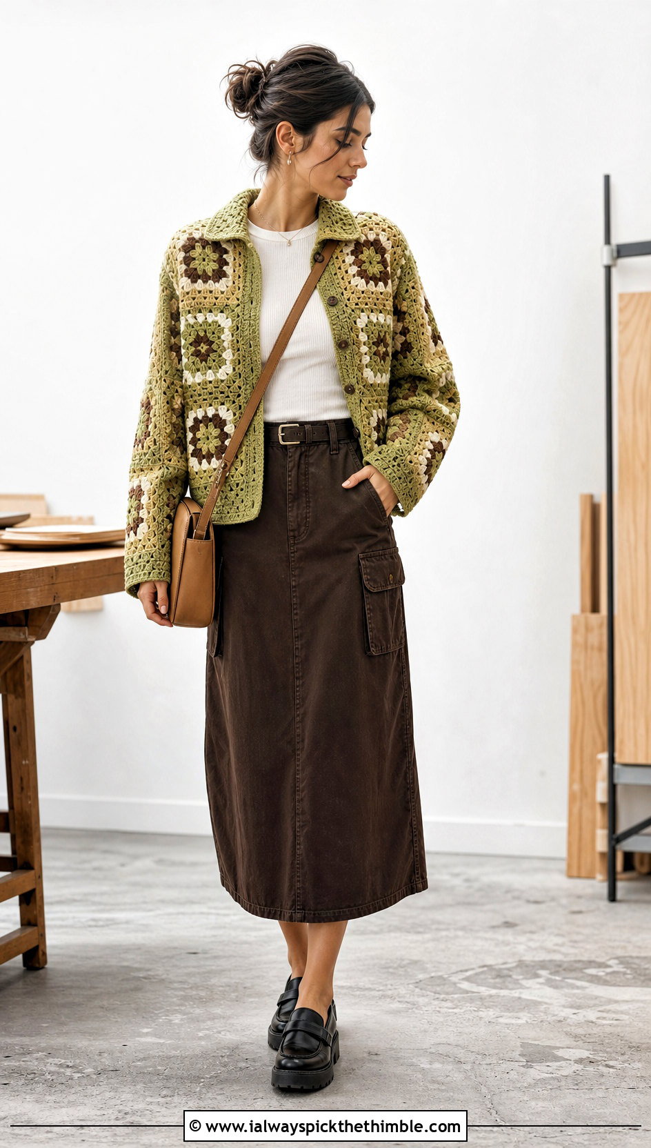 Granny Square Chore Jacket With Utility Skirt - 20 crochet granny square jacket outfit ideas