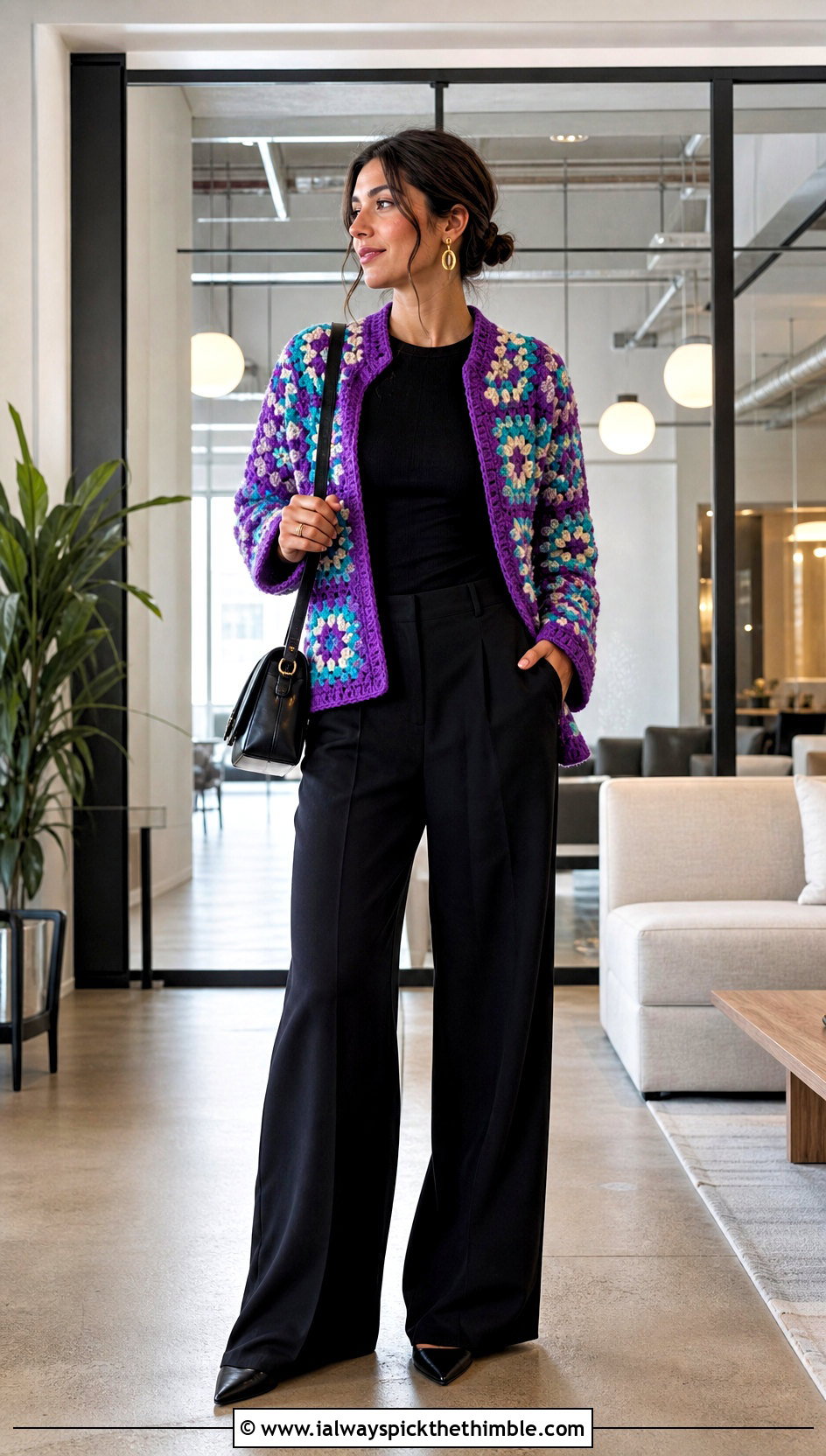 Granny Square Chunky Crochet Cardigan With Black Trousers - 25 chunky crochet cardigan outfit ideas