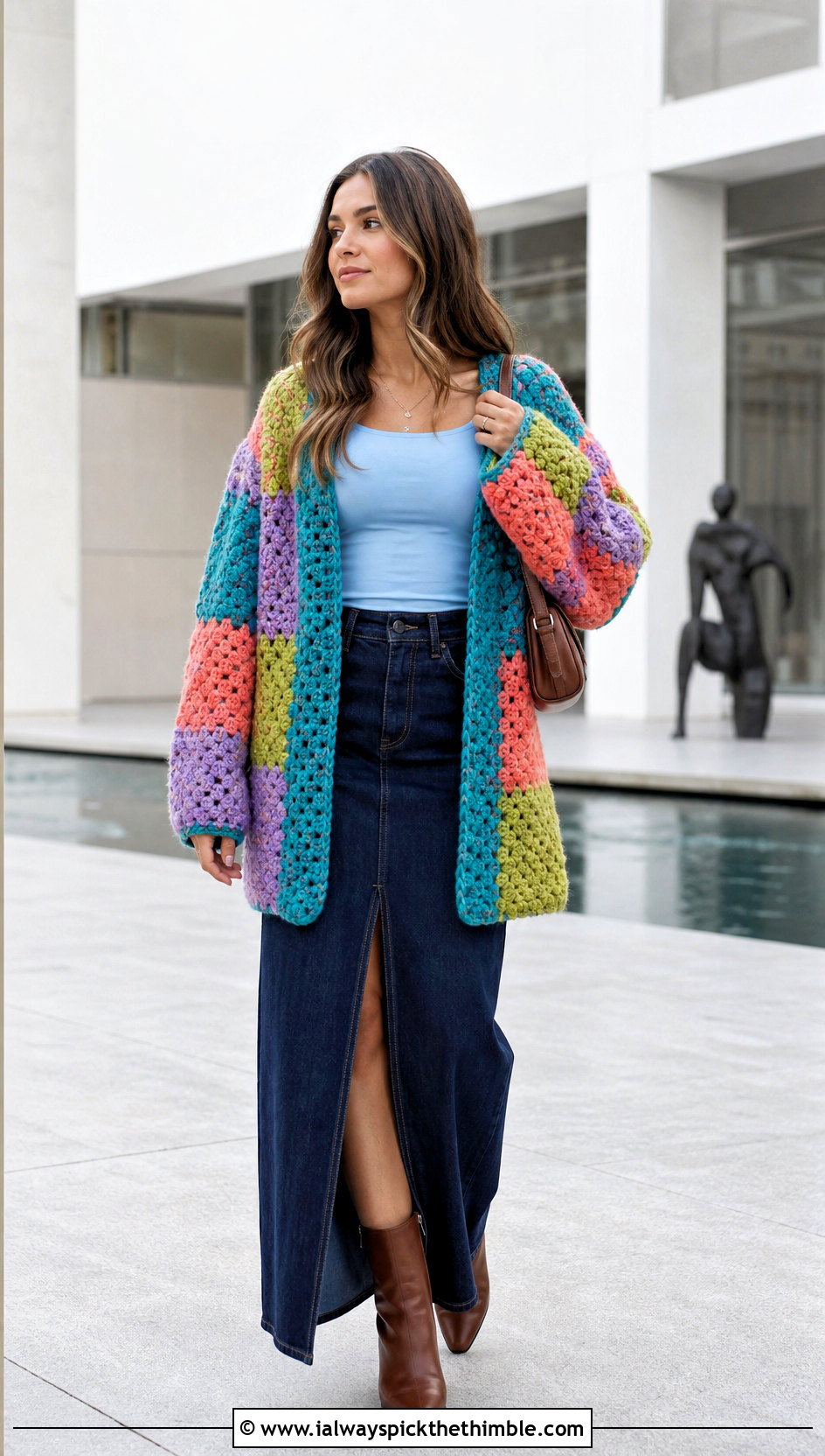 Granny Square Chunky Crochet Cardigan With Denim Maxi Skirt - 15 Chunky Yarn Crochet Cardigan outfit ideas