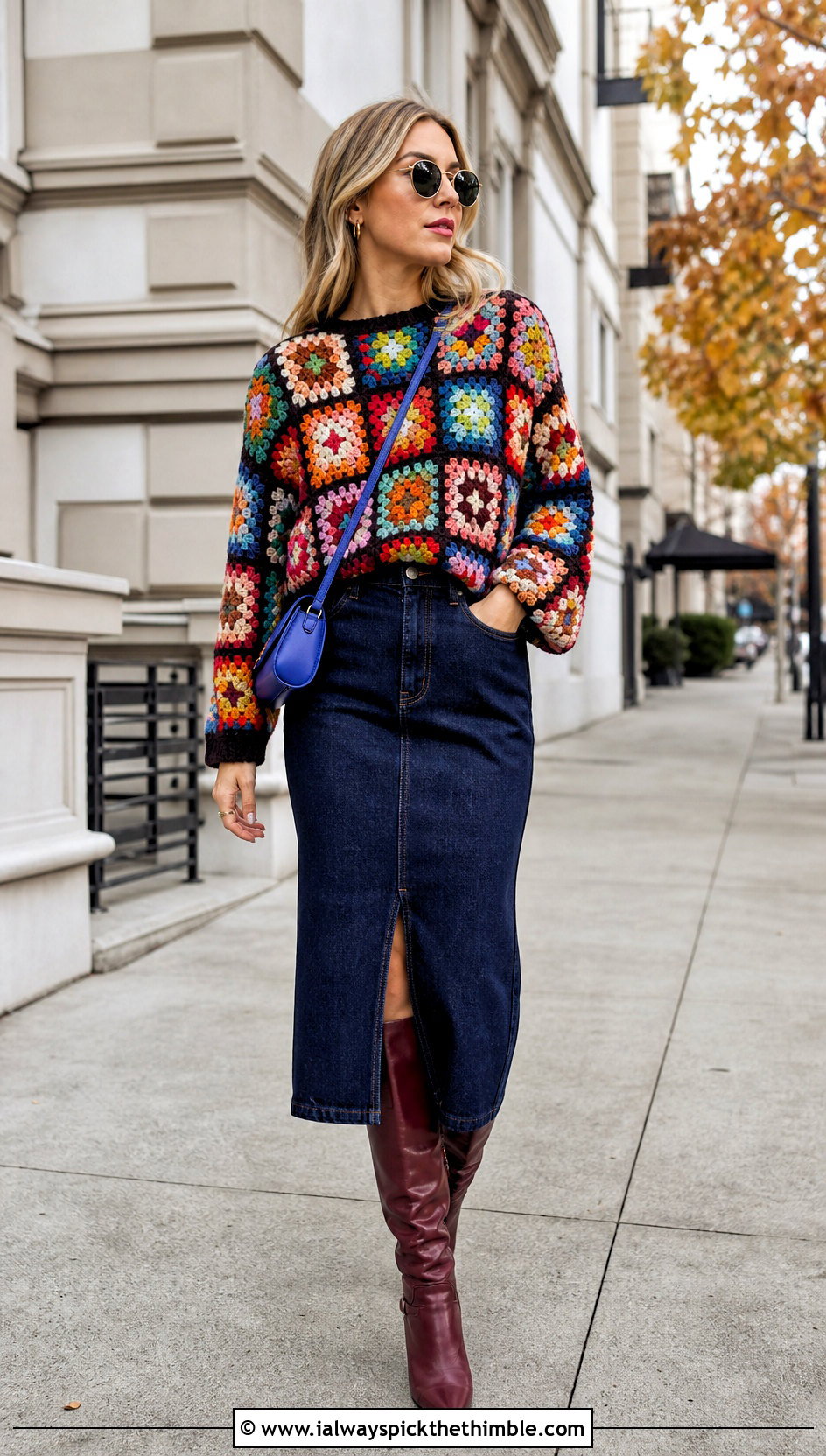 Granny Square Chunky Crochet Jumper With Denim Midi Skirt - 25 chunky crochet jumper outfit ideas