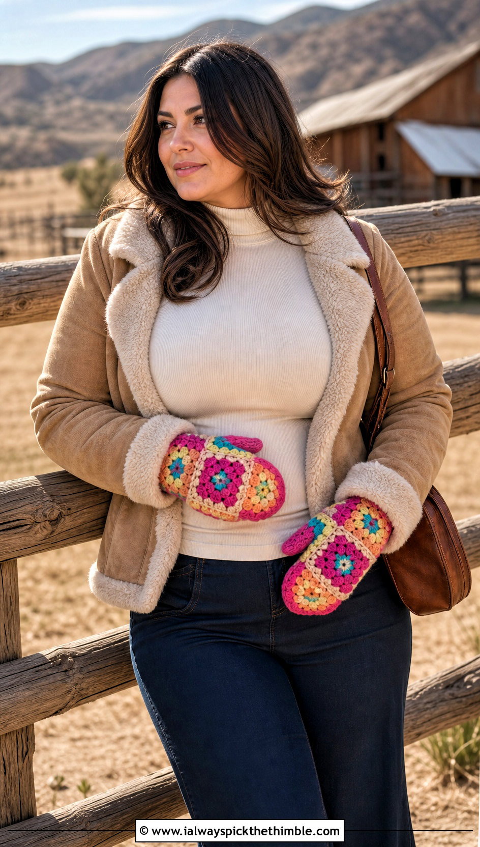 Granny Square Chunky Crochet Mittens With Shearling Jacket and Flared Jeans - 20 Chunky Yarn Crochet Mittens outfit ideas