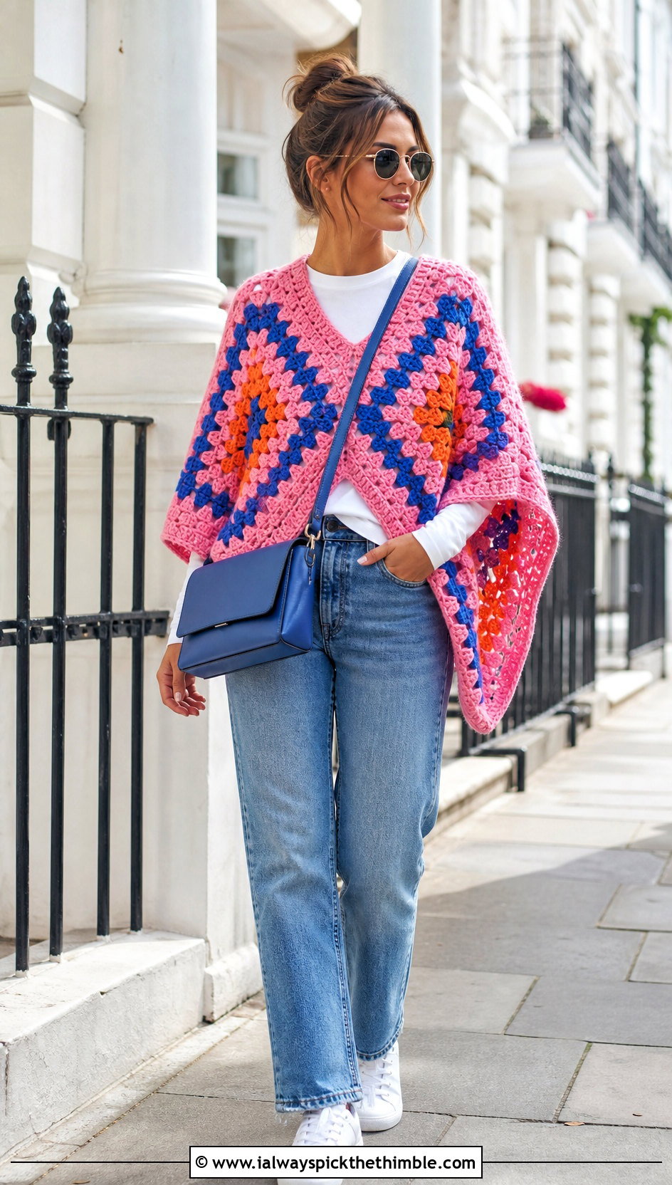 Granny Square Chunky Crochet Poncho With Straight Leg Jeans - 20 Chunky Crochet Poncho outfit ideas