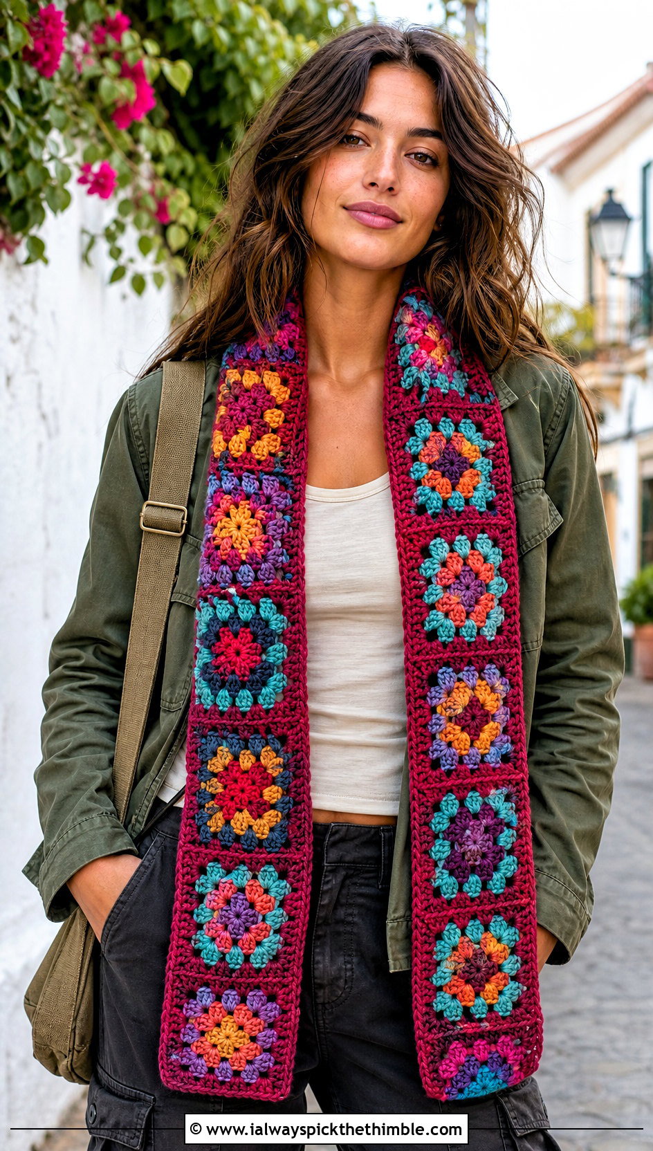 Granny Square Chunky Crochet Scarf With Utility Jacket - 25 chunky crochet scarf outfit ideas