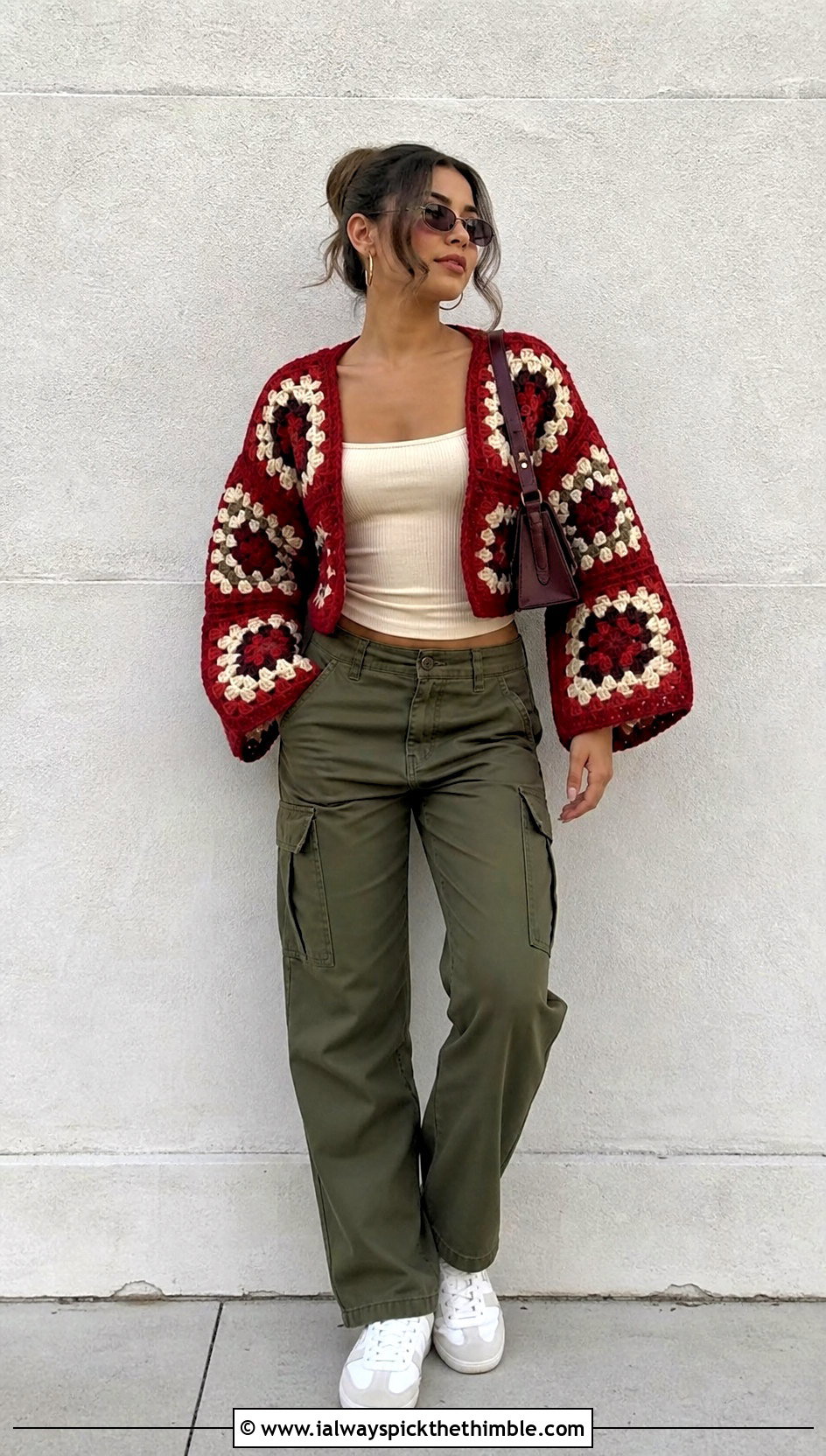 Granny Square Chunky Crochet Shrug With Cargo Pants - 20 Chunky Crochet Shrug outfit ideas