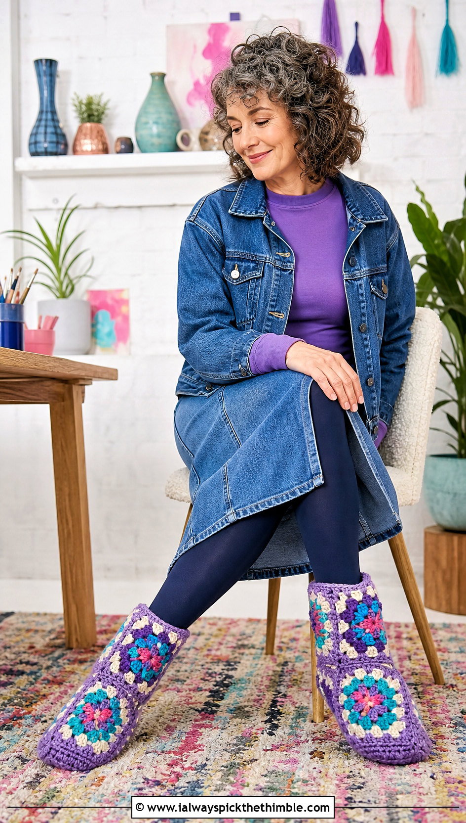 Granny Square Chunky Crochet Slipper Socks With Denim Midi Skirt - 15 chunky crochet slipper socks outfit ideas