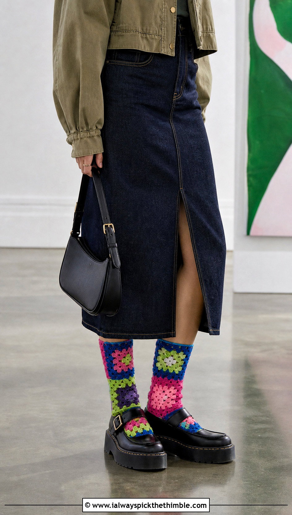 Granny Square Chunky Crochet Socks With A Denim Midi Skirt - 20 Chunky Crochet Socks outfit ideas
