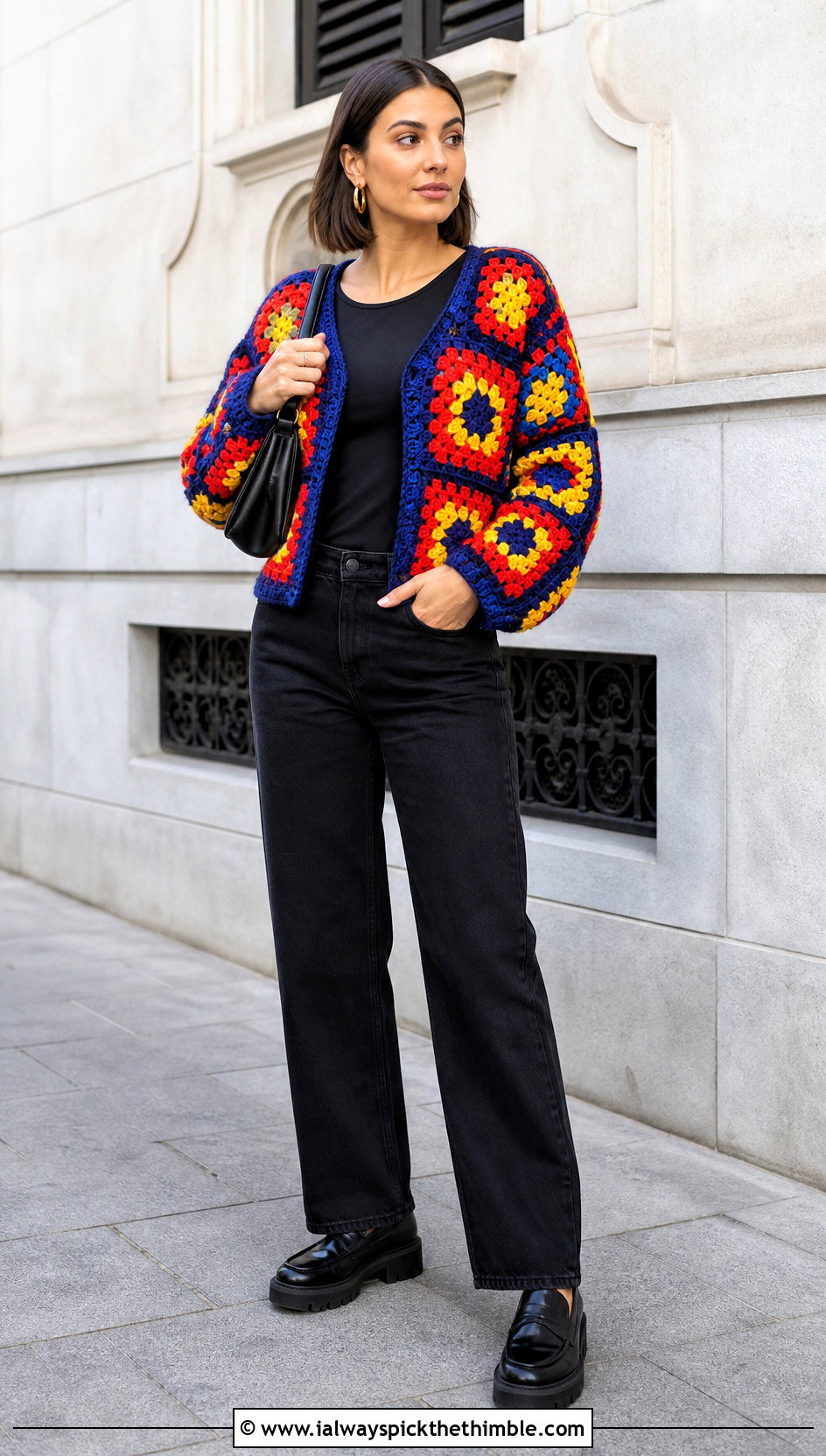 Granny Square Chunky Crochet Sweater With Black Denim - 20 Easy Chunky Crochet Sweater outfit ideas