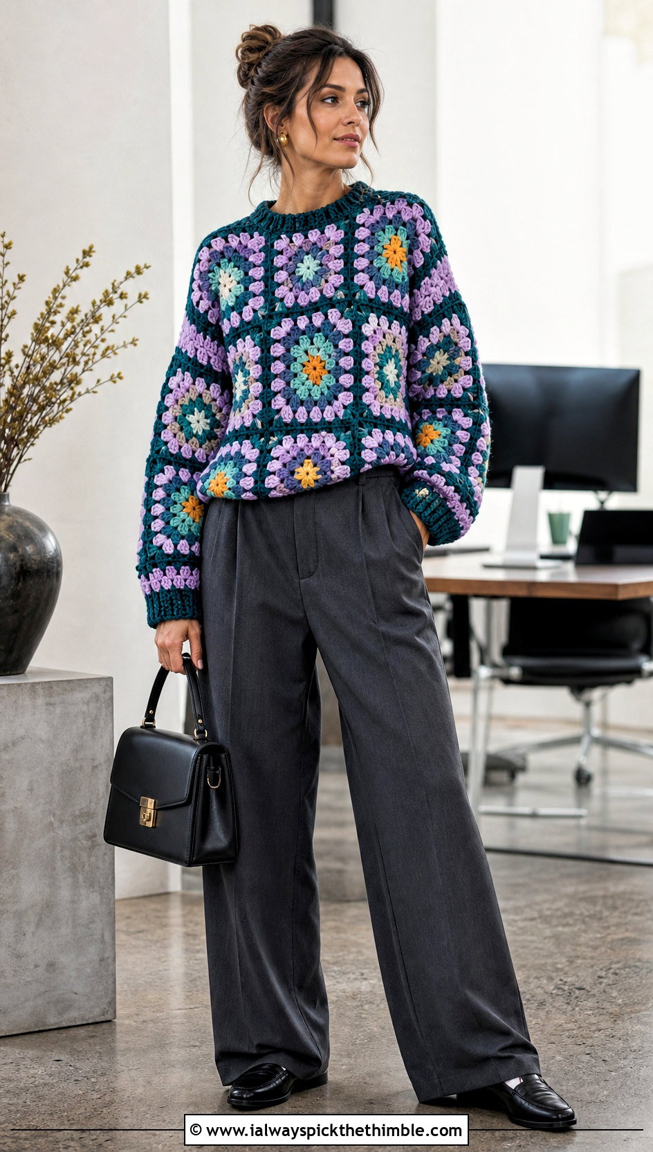 Granny Square Chunky Crochet Sweater With Tailored Trousers - 20 Chunky Crochet Sweaters outfit ideas
