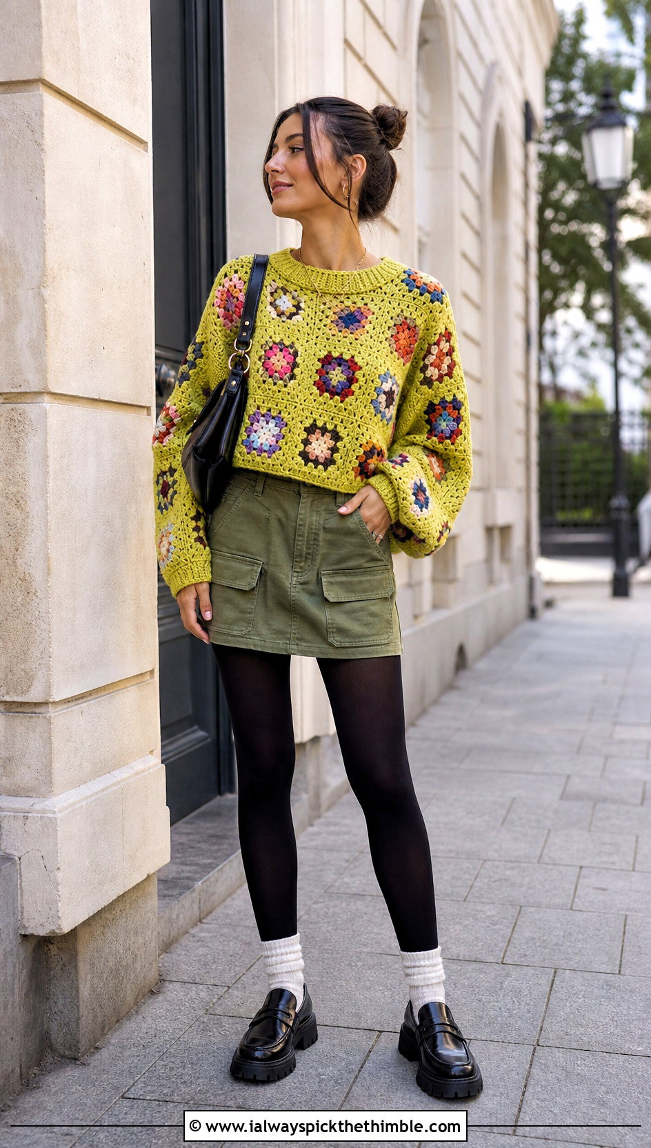 Granny Square Chunky Crochet Sweater With Utility Mini Skirt - 25 chunky crochet sweater outfit ideas